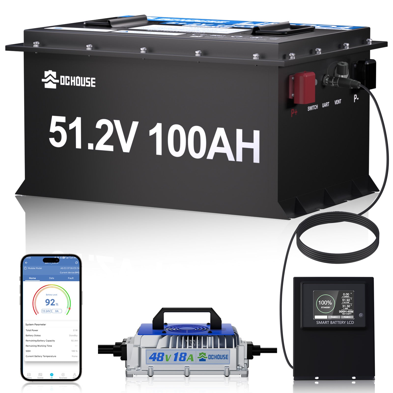 DC HOUSE Premium 48V 100Ah LiFePO4 Metal Case Battery with Charger - Ideal for Golf Carts