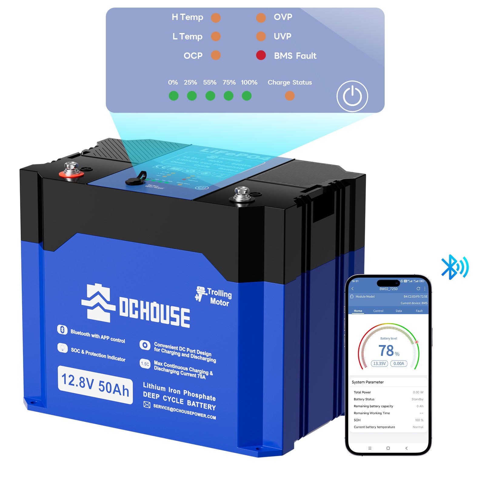 Portatile 12V 50Ah 2.1 Batteria LiFePO4 Lithium Deep Cycle con Bluetooth