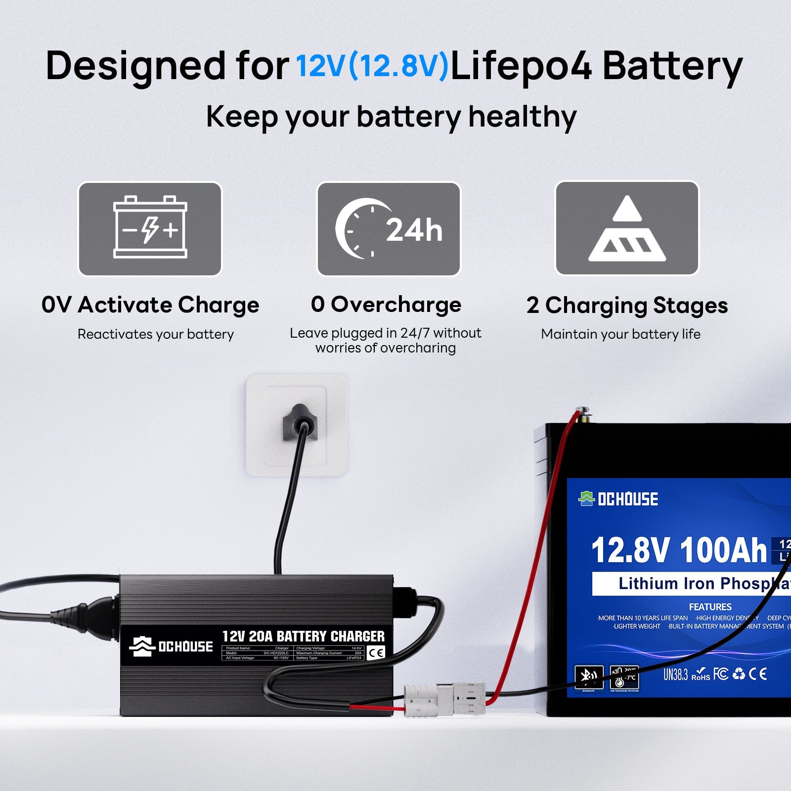 12V 20A AC-to-DC LiFePO4 Portable Battery Charger