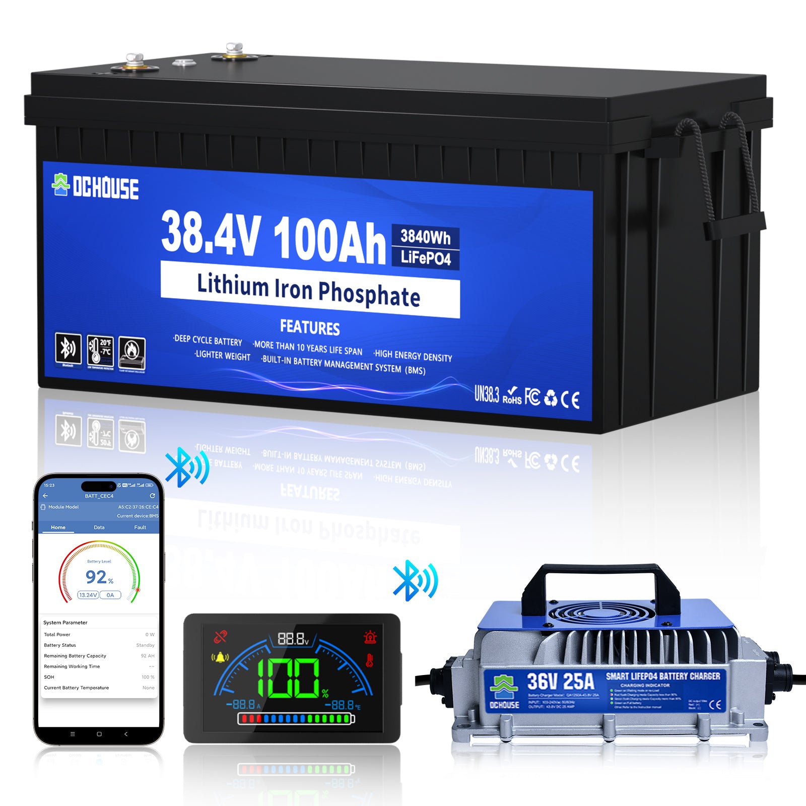Batteria 36V 100Ah 2.0 LiFePO4 con Bluetooth, Custodia ABS e Caricabatterie