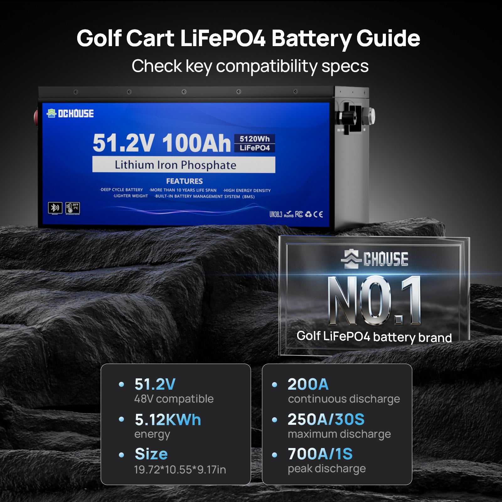 DC HOUSE Dependable 48V 100Ah LiFePO4 Metal Case Battery with Charger - Ideal for Golf Carts