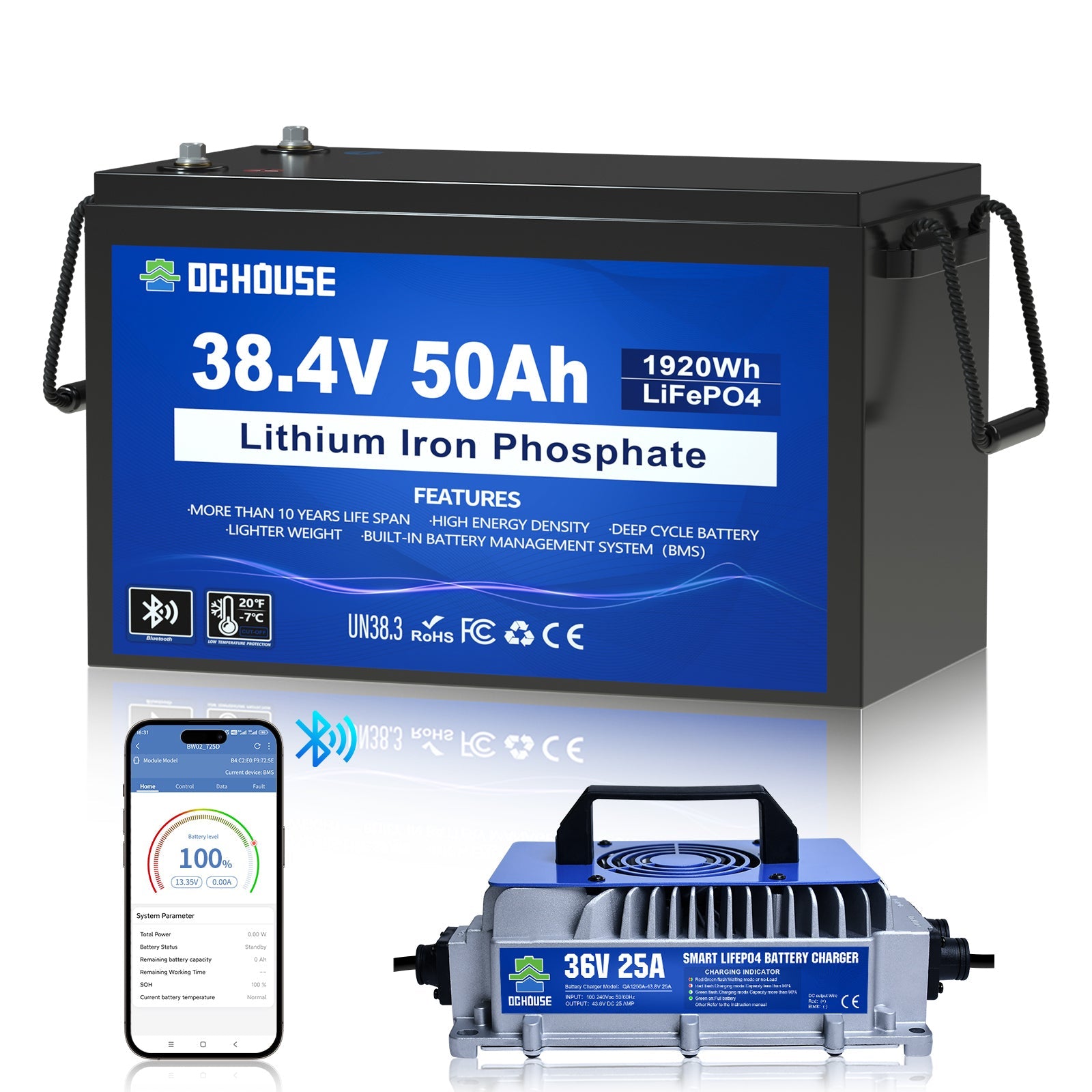 36V 50Ah LiFePO4 Bluetooth Deep Cycle Battery & Charger