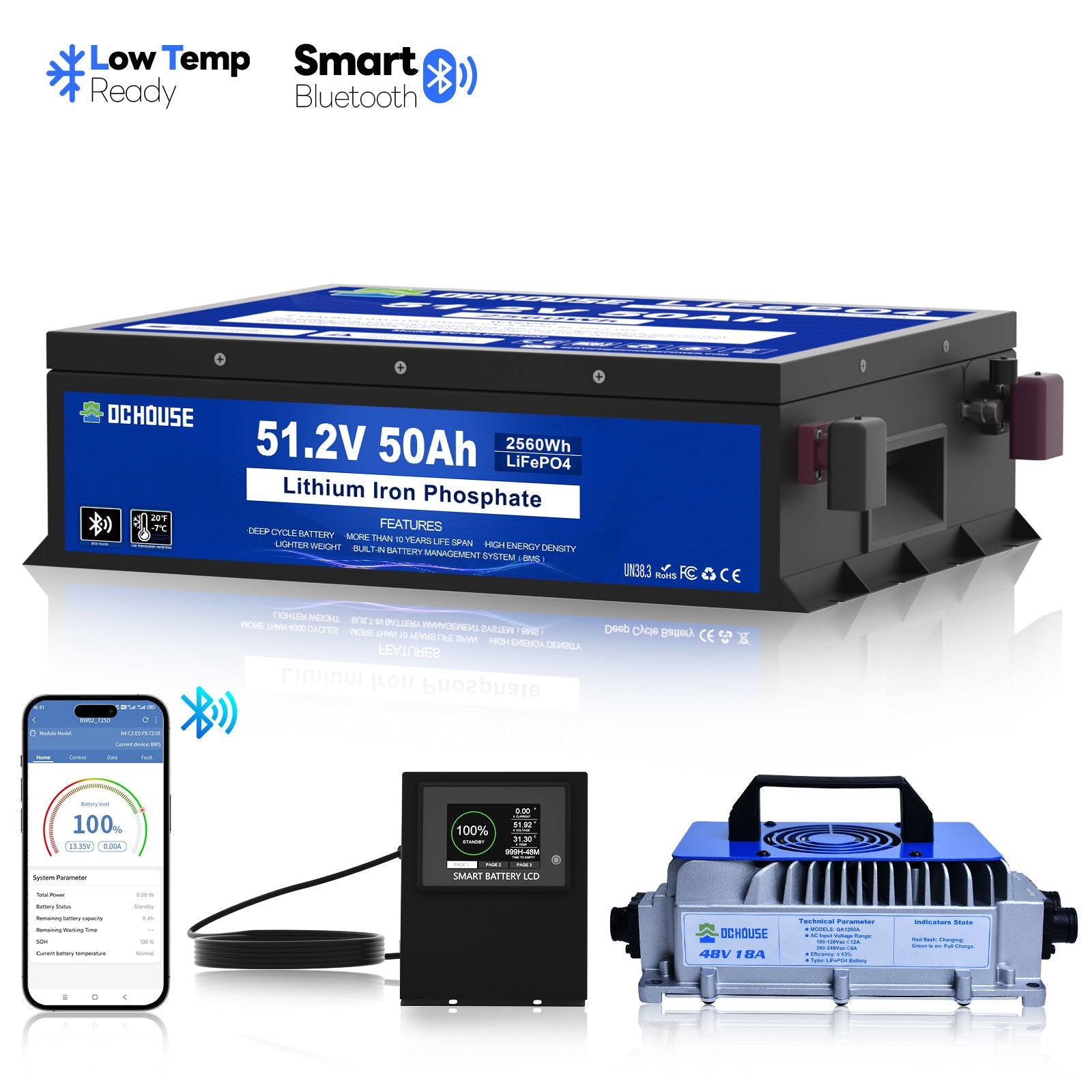 DC HOUSE Durable 48V 50Ah LiFePO4 Metal Case Battery with Charger - Bluetooth & Low Temp Protection for Golf Carts