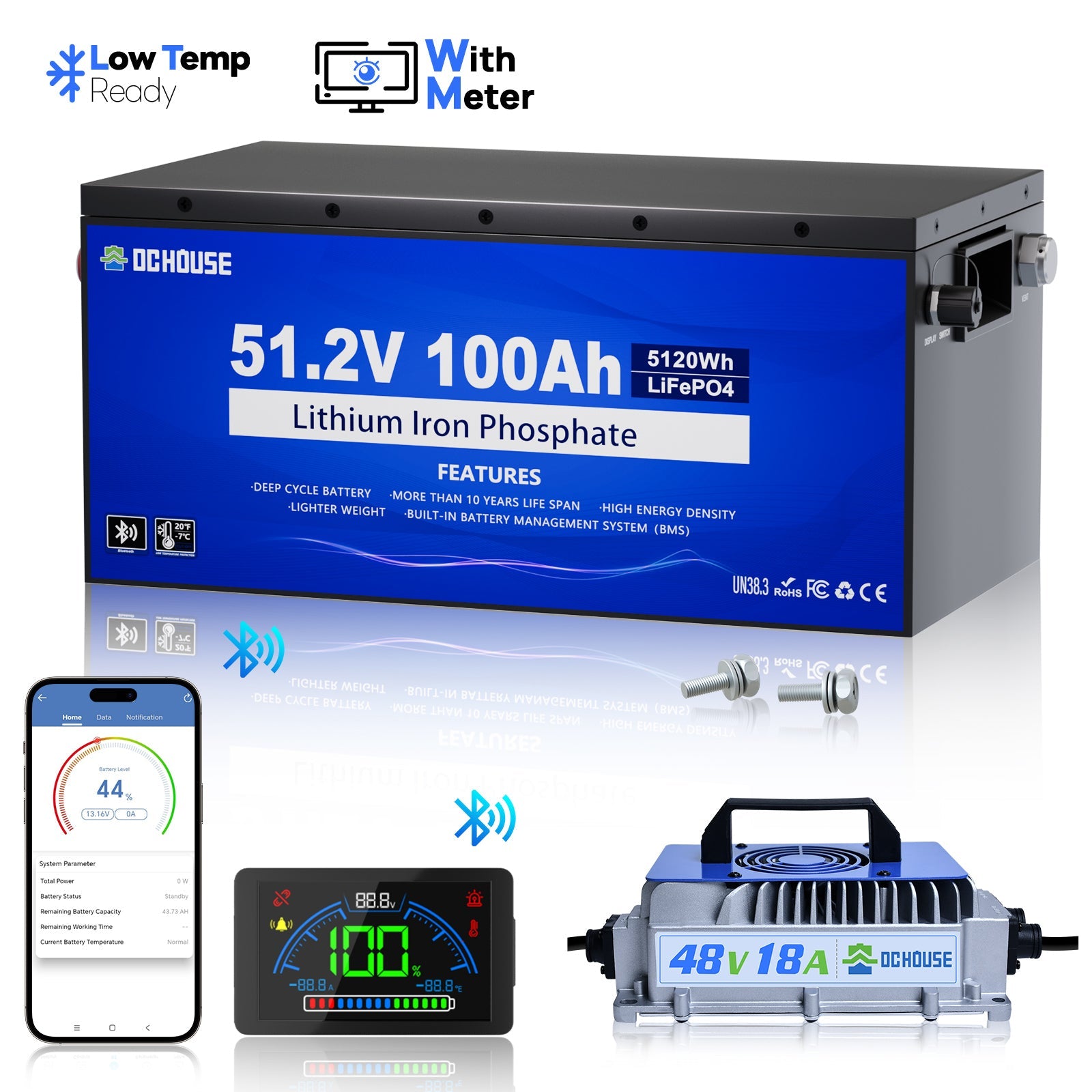 DC HOUSE Dependable 48V 100Ah LiFePO4 Metal Case Battery with Charger - Ideal for Golf Carts