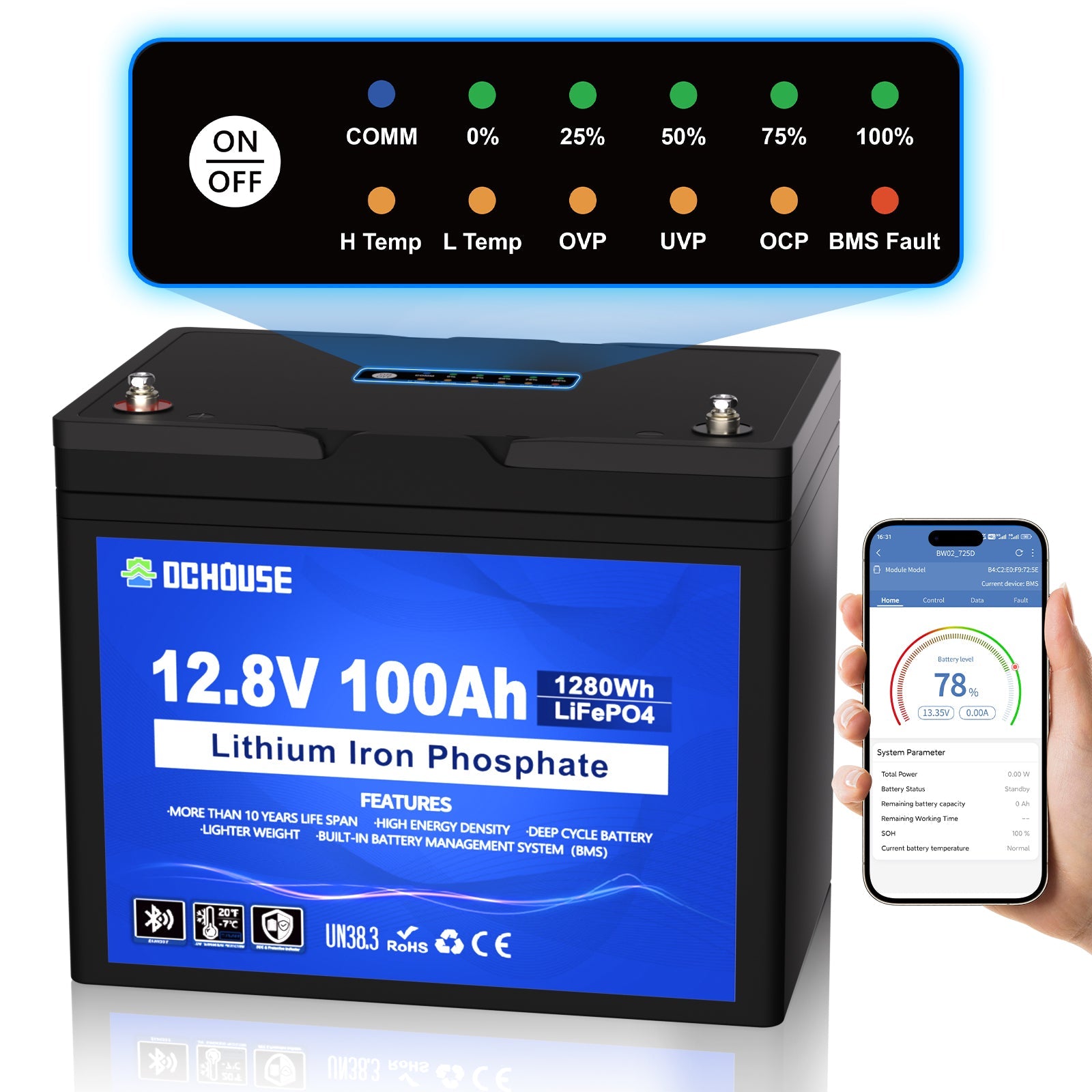 12V 100Ah with Bluetooth, SOC Indicators & Low Temp Protection