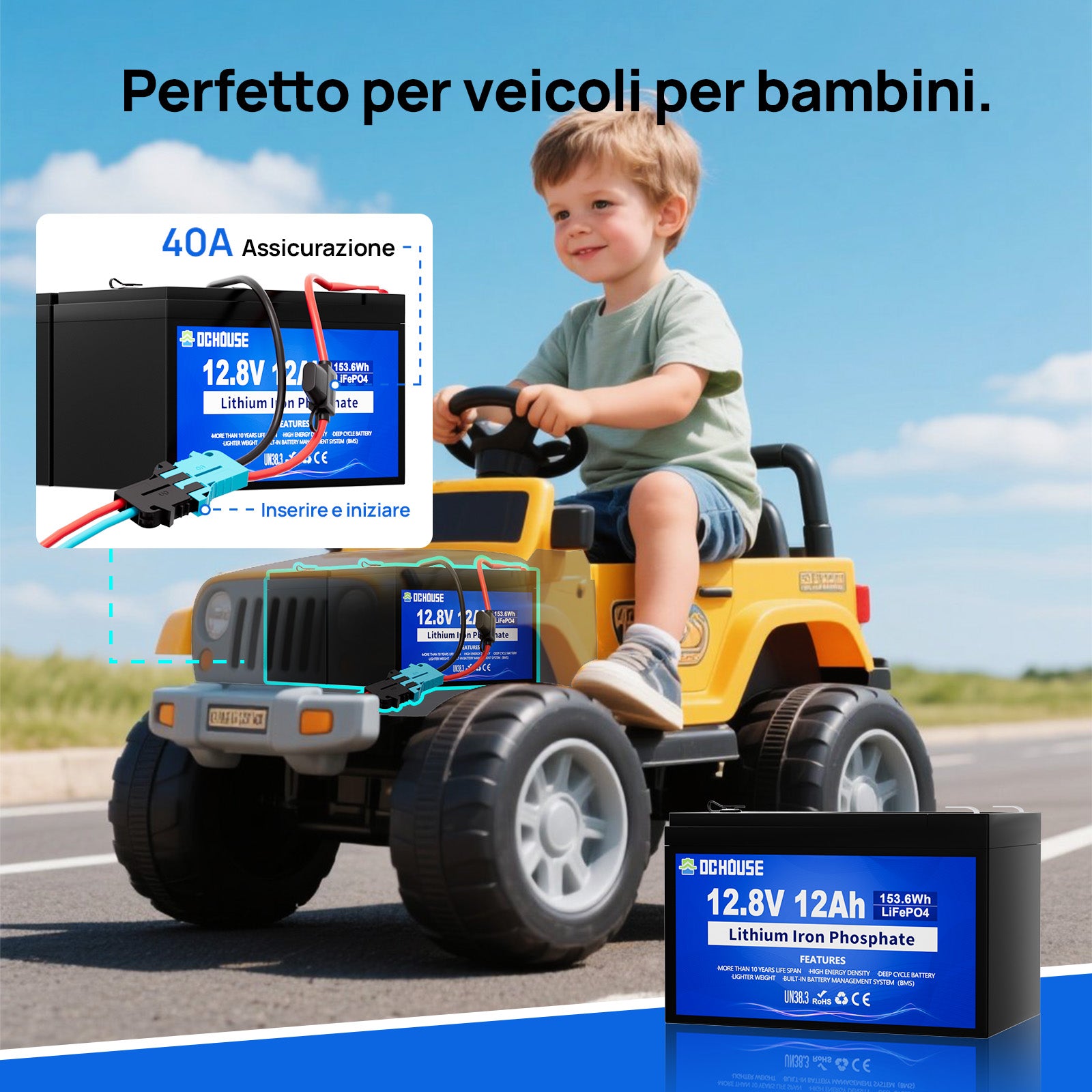 12V 12Ah Batteria Deep Cycle LiFePO4 Lithium con Fuse Harness e Porta DC