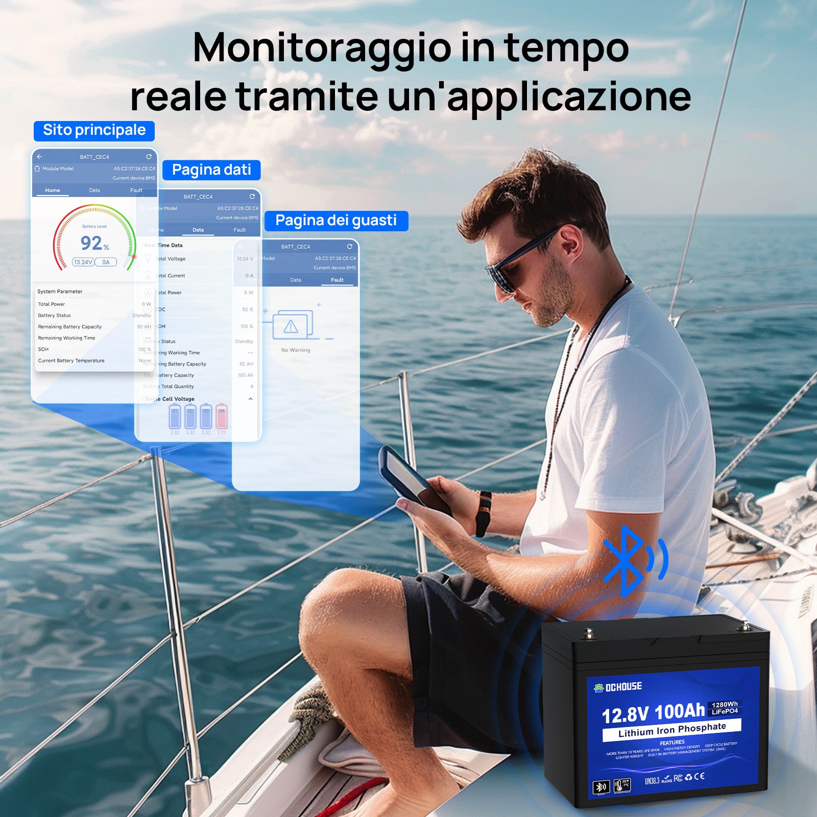 DC HOUSE Batteria LiFePO4 12V 100Ah Ciclo Profondo – Bluetooth e Protezione a Bassa Temperatura