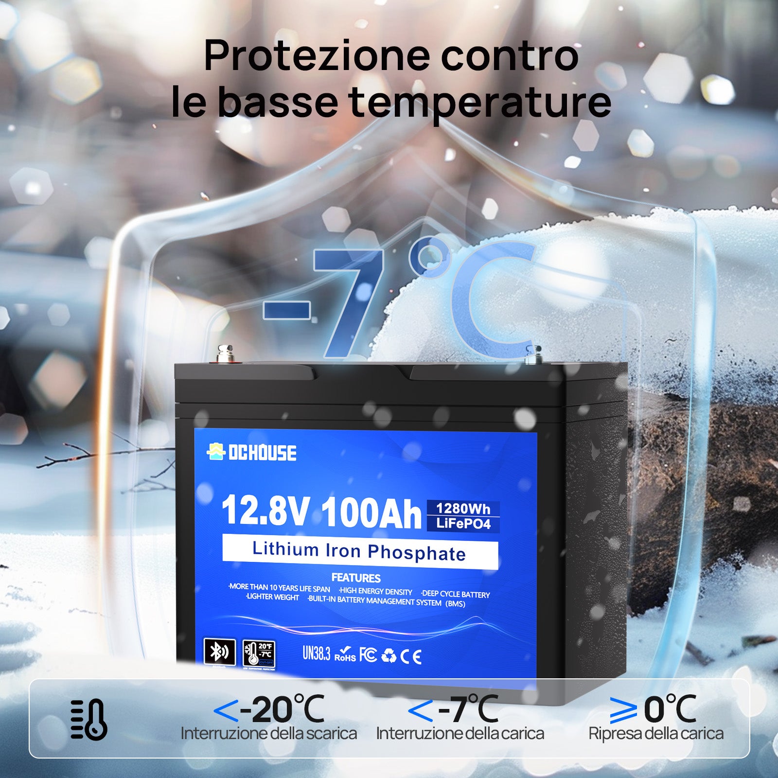 DC HOUSE Batteria LiFePO4 12V 100Ah Ciclo Profondo – Bluetooth e Protezione a Bassa Temperatura