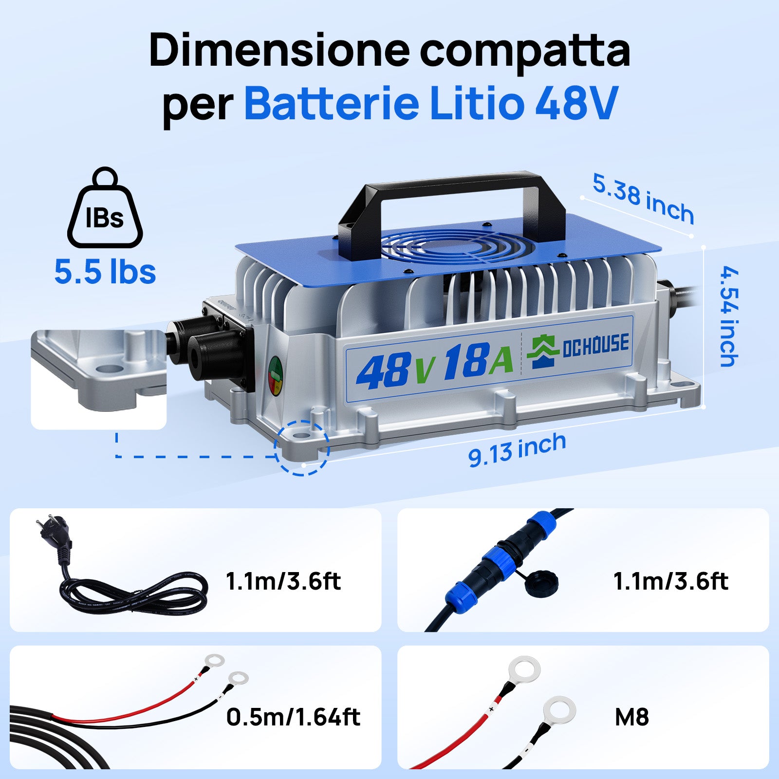 DC HOUSE 48V 50Ah Batteria LiFePO4 Durevole con Custodia in Metallo e Caricatore – Bluetooth e Protezione per Basse Temperature per Carrelli da Golf