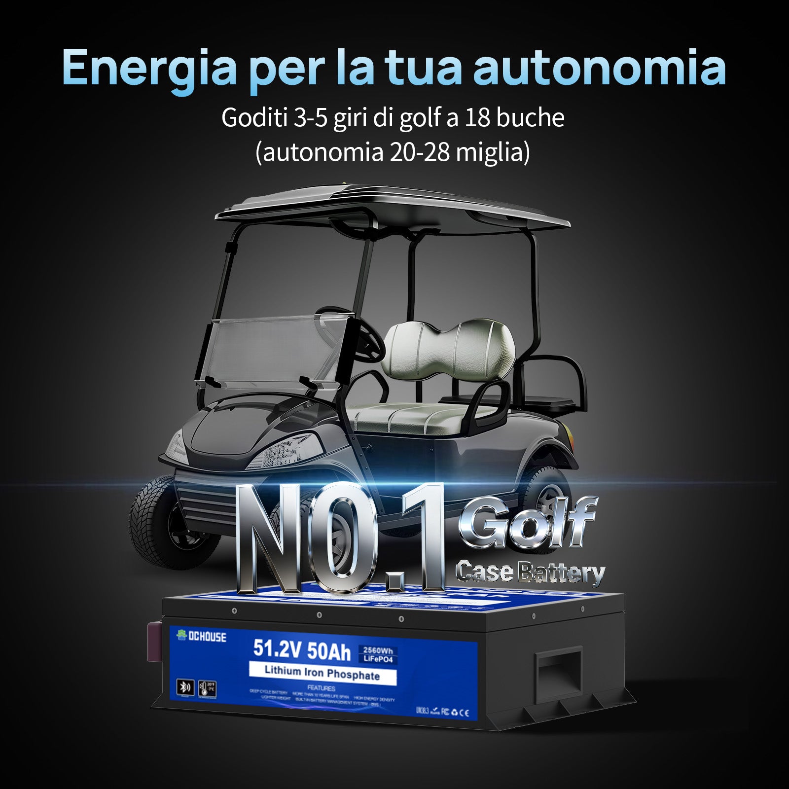 DC HOUSE 48V 50Ah Batteria LiFePO4 Durevole con Custodia in Metallo e Caricatore – Bluetooth e Protezione per Basse Temperature per Carrelli da Golf