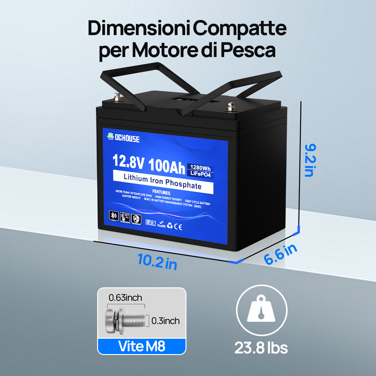 Batteria al Litio 12V 100Ah con Bluetooth, Indicatori SOC e Protezione a Bassa Temperatura