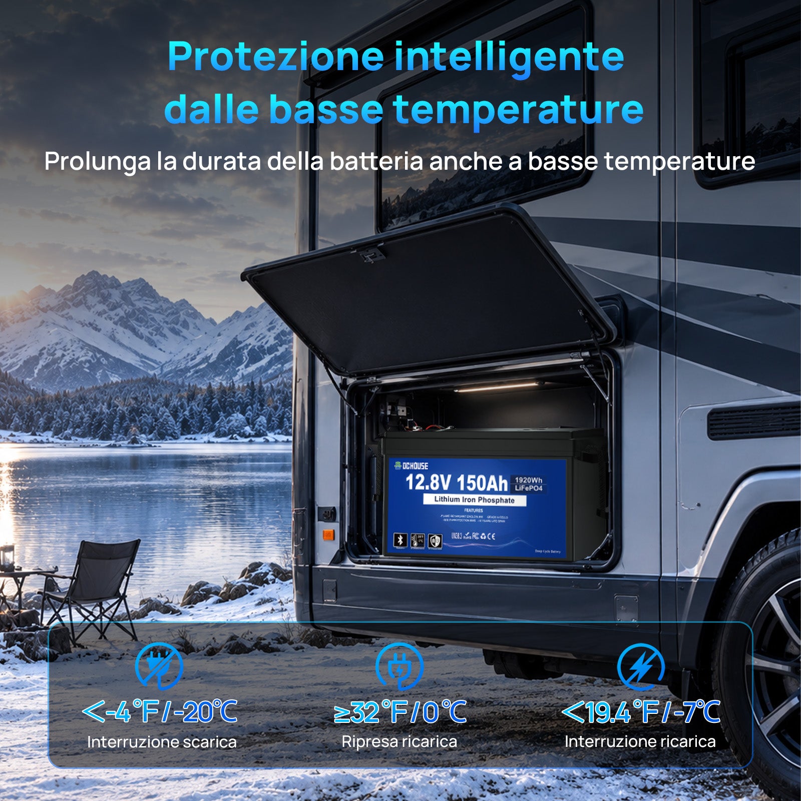 DC HOUSE 12V 150Ah Batteria LiFePO4 con Bluetooth, Indicatori SOC e Protezione per Basse Temperature