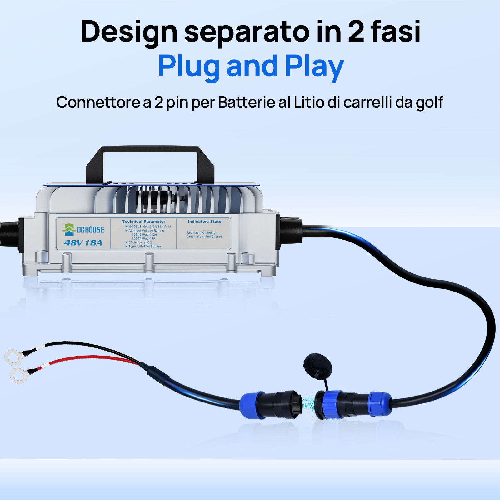 DC HOUSE 48V 18A Caricabatterie portatile AC-DC per batterie LiFePO4