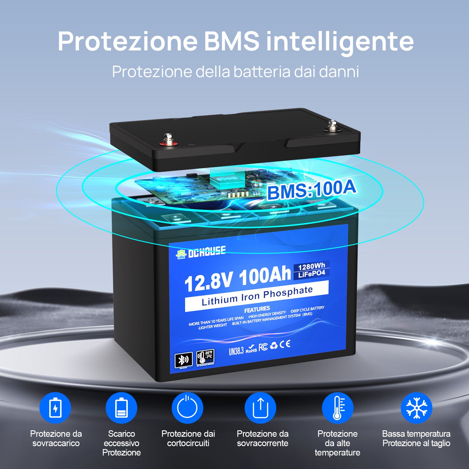 DC HOUSE Batteria LiFePO4 12V 100Ah Ciclo Profondo – Bluetooth e Protezione a Bassa Temperatura