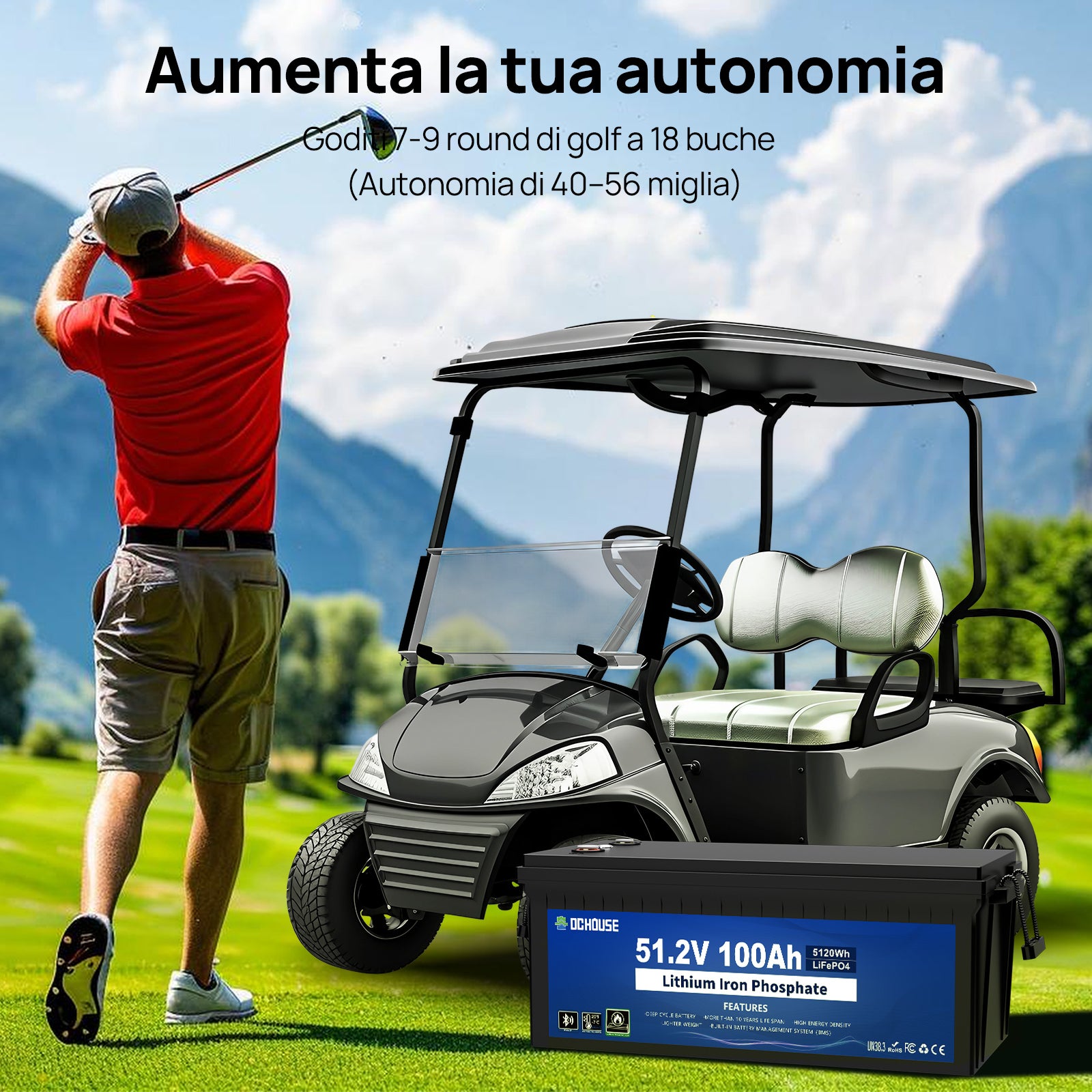 DC HOUSE Smart 48V 100Ah LiFePO4 ABS Plastic Battery with Charger - Bluetooth & LCD Monitoring for Golf Carts