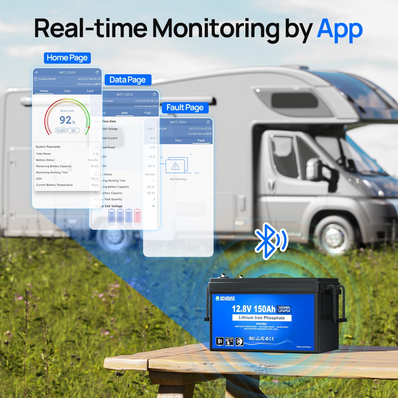 12V 150Ah with Bluetooth, SOC Indicators & Low Temp Protection