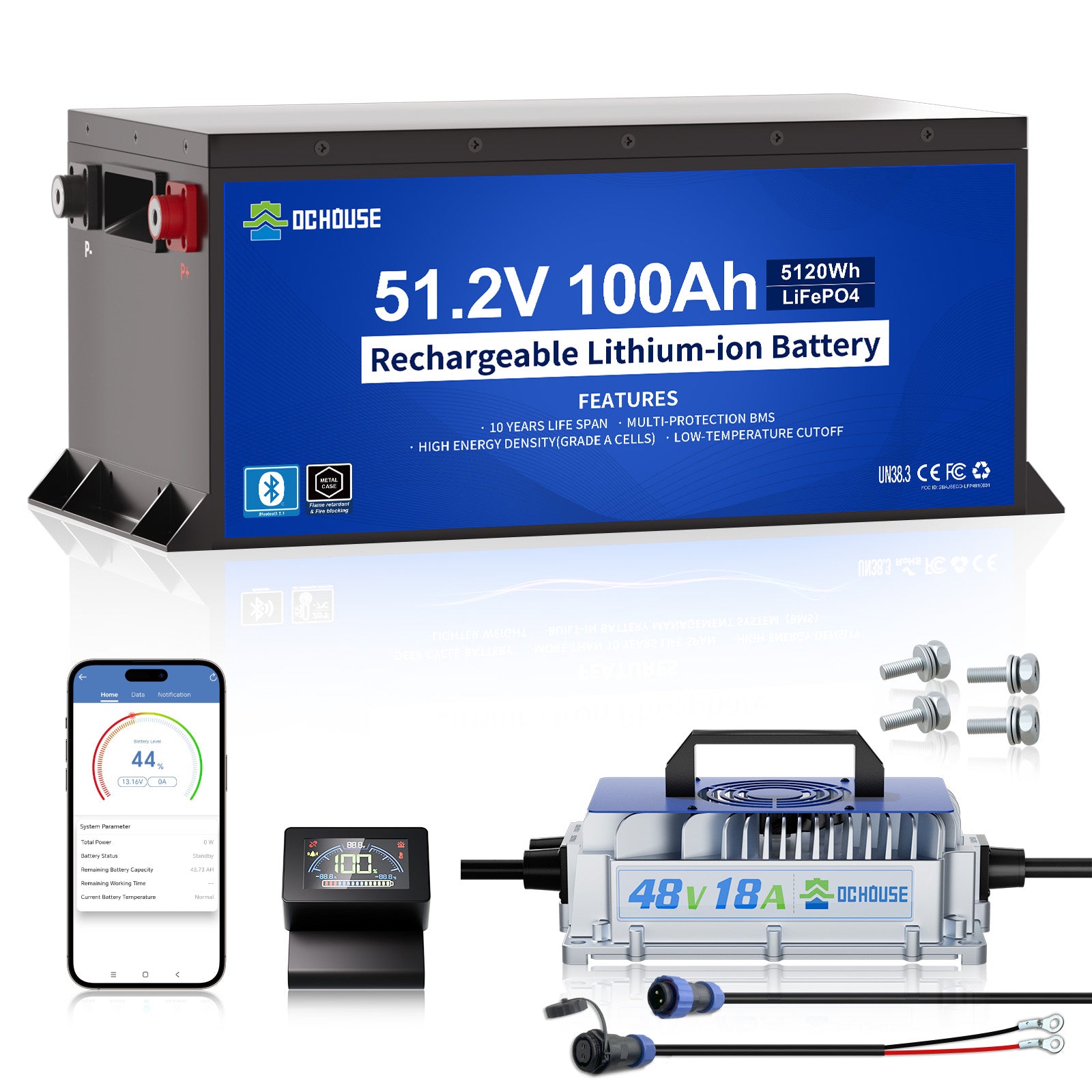 [Prevendita di 5 giorni]DC HOUSE 48V 100Ah LiFePO4 Batteria Metal Case (con caricabatterie), Bluetooth e protezione a bassa temperatura