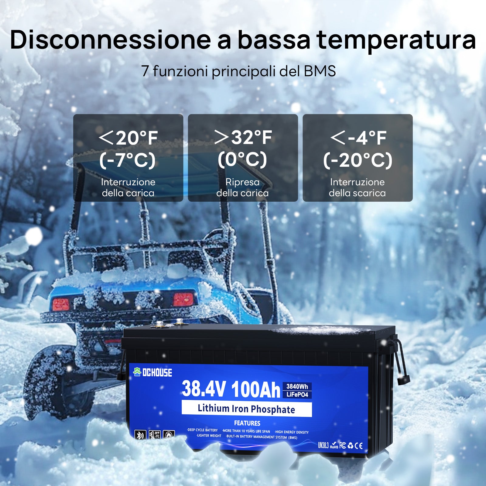 Batteria 36V 100Ah 2.0 LiFePO4 con Bluetooth, Custodia ABS e Caricabatterie