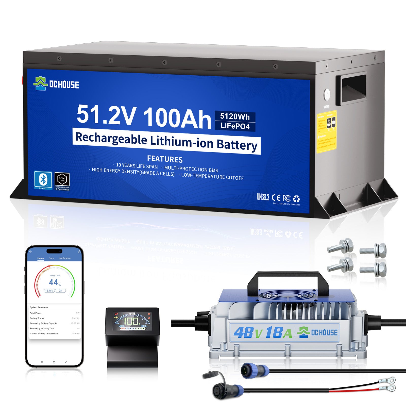 [Prevendita di 5 giorni]DC HOUSE 48V 100Ah LiFePO4 Batteria Metal Case (con caricabatterie), Bluetooth e protezione a bassa temperatura