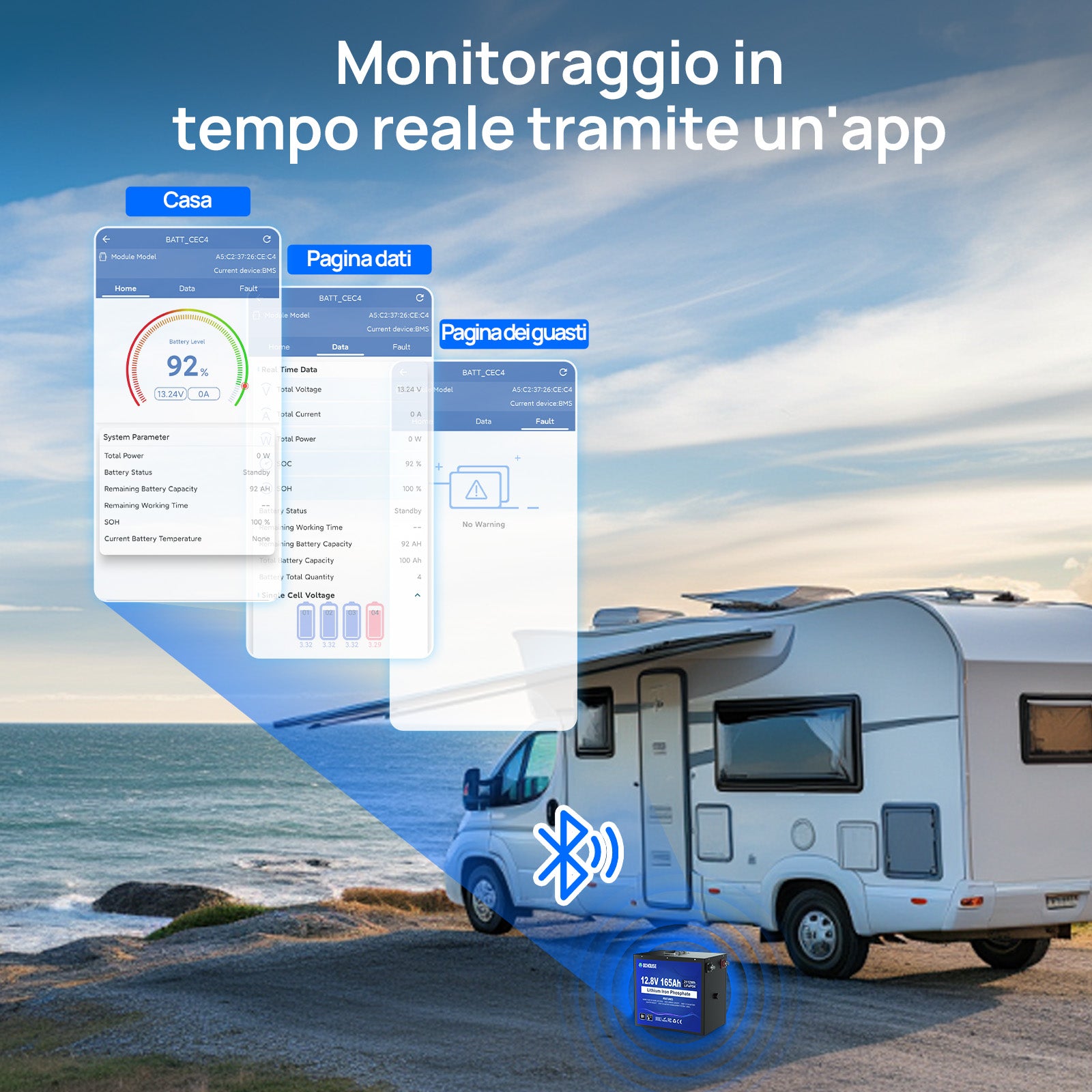 DC HOUSE Batteria LiFePO4 12V 165Ah Ciclo Profondo – Bluetooth & Protezione a Bassa Temperatura