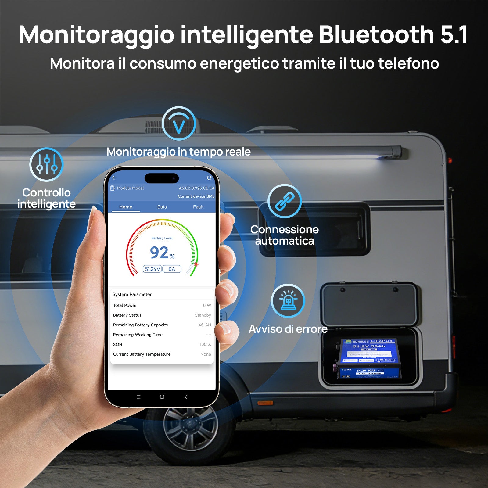 DC HOUSE 48V 50Ah Batteria LiFePO4 Durevole con Custodia in Metallo e Caricatore – Bluetooth e Protezione per Basse Temperature per Carrelli da Golf