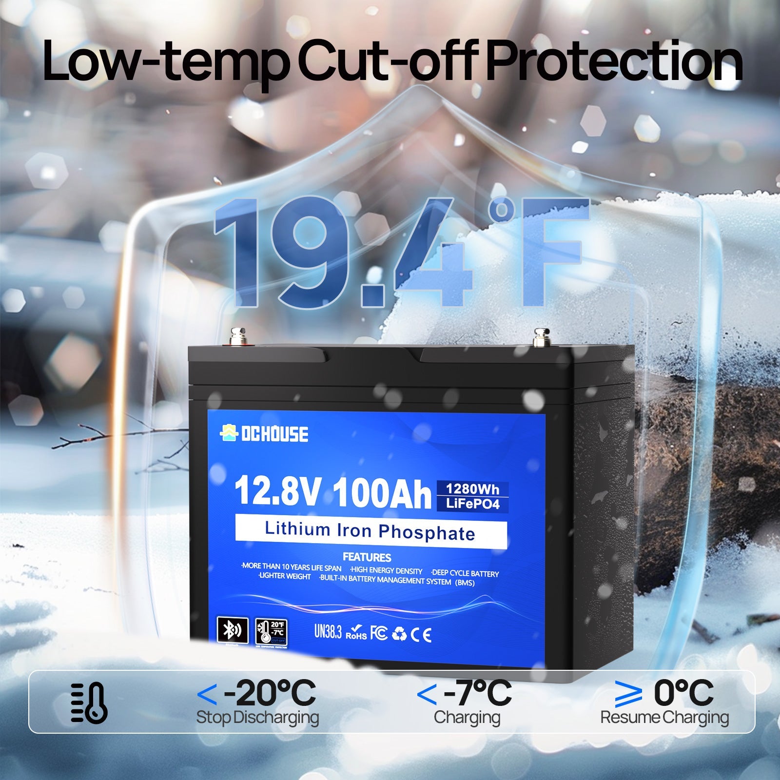 12V 100Ah Deep Cycle LiFePO4 Bluetooth & Low Temp Protection Battery