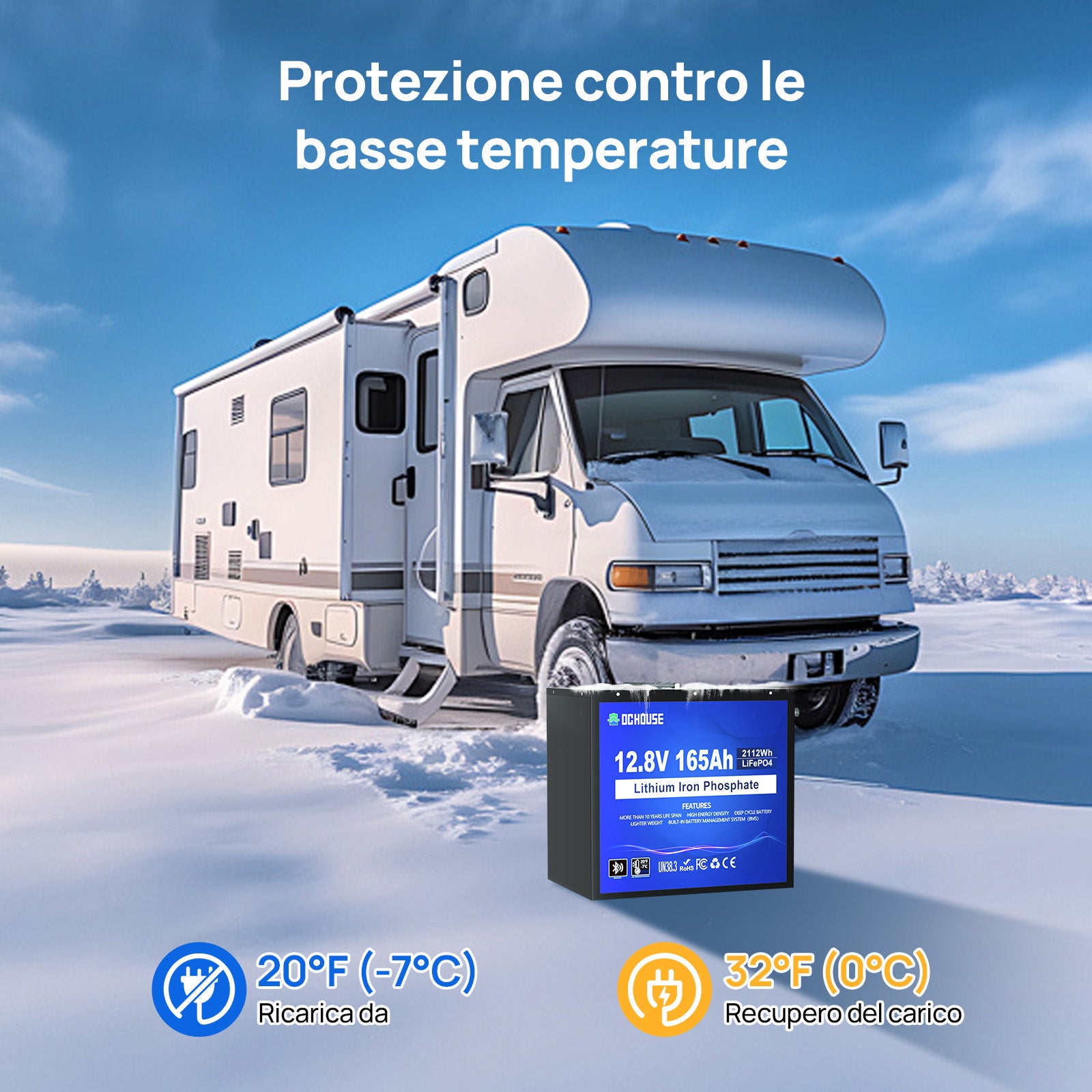 DC HOUSE Batteria LiFePO4 12V 165Ah Ciclo Profondo – Bluetooth & Protezione a Bassa Temperatura
