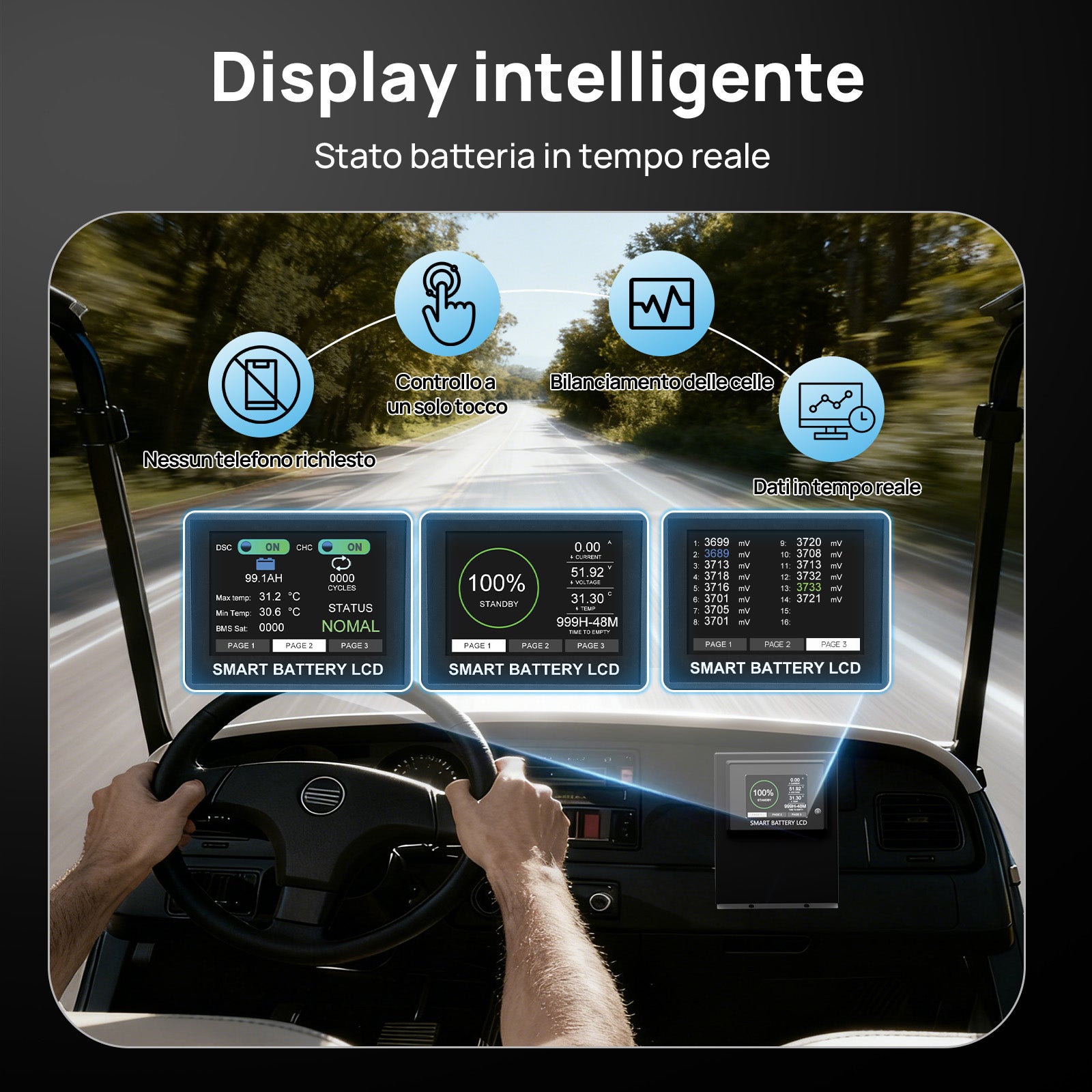 DC HOUSE 48V 50Ah Batteria LiFePO4 Durevole con Custodia in Metallo e Caricatore – Bluetooth e Protezione per Basse Temperature per Carrelli da Golf
