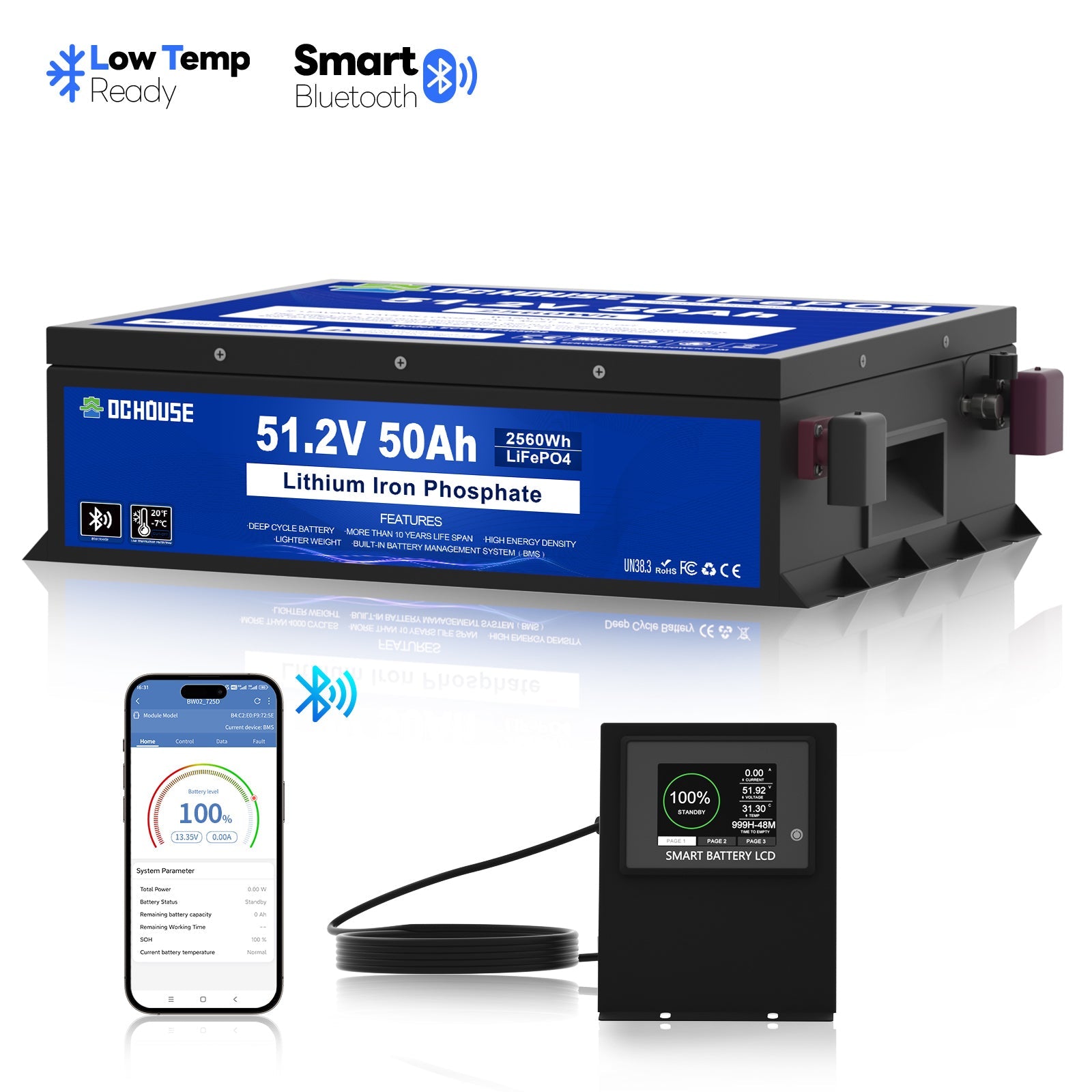 DC HOUSE Durable 48V 50Ah LiFePO4 Metal Case Battery - Bluetooth & Low Temp Protection for Golf Carts (No Charger)