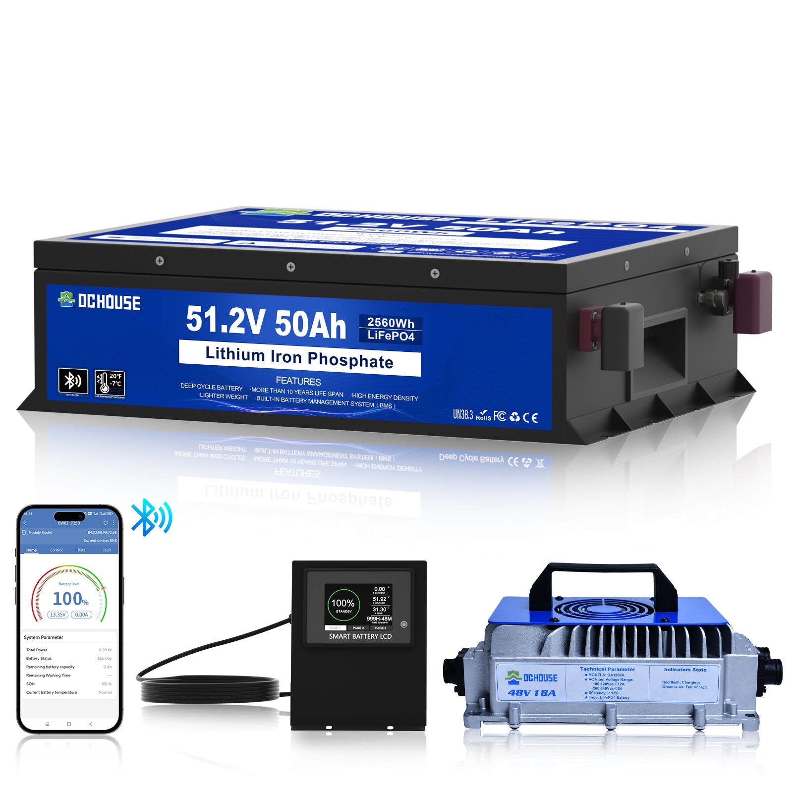 DC HOUSE Durable 48V 50Ah LiFePO4 Metal Case Battery with Charger - Bluetooth & Low Temp Protection for Golf Carts