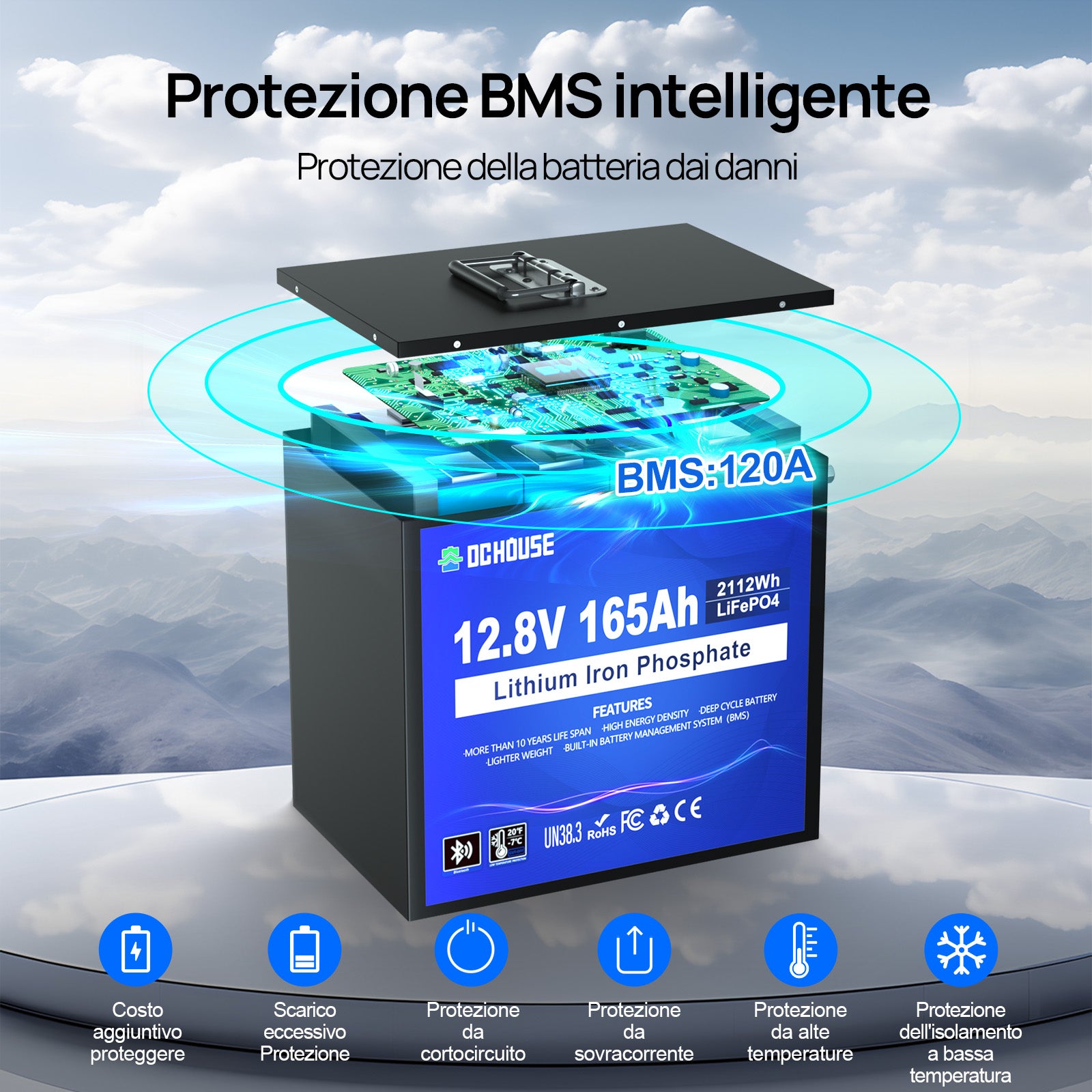 DC HOUSE Batteria LiFePO4 12V 165Ah Ciclo Profondo – Bluetooth & Protezione a Bassa Temperatura