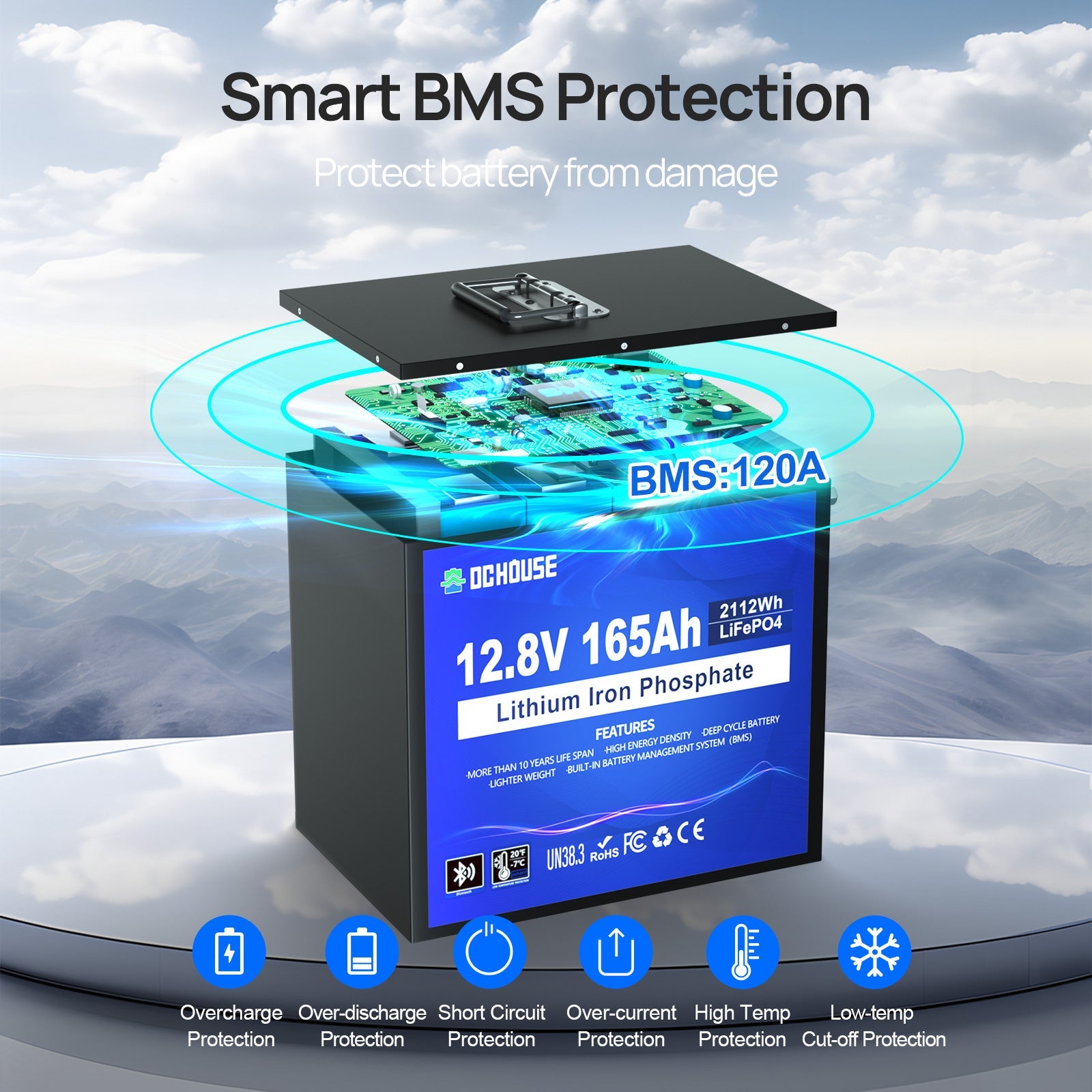 12V 165Ah Deep Cycle LiFePO4 Bluetooth & Low Temp Protection Battery