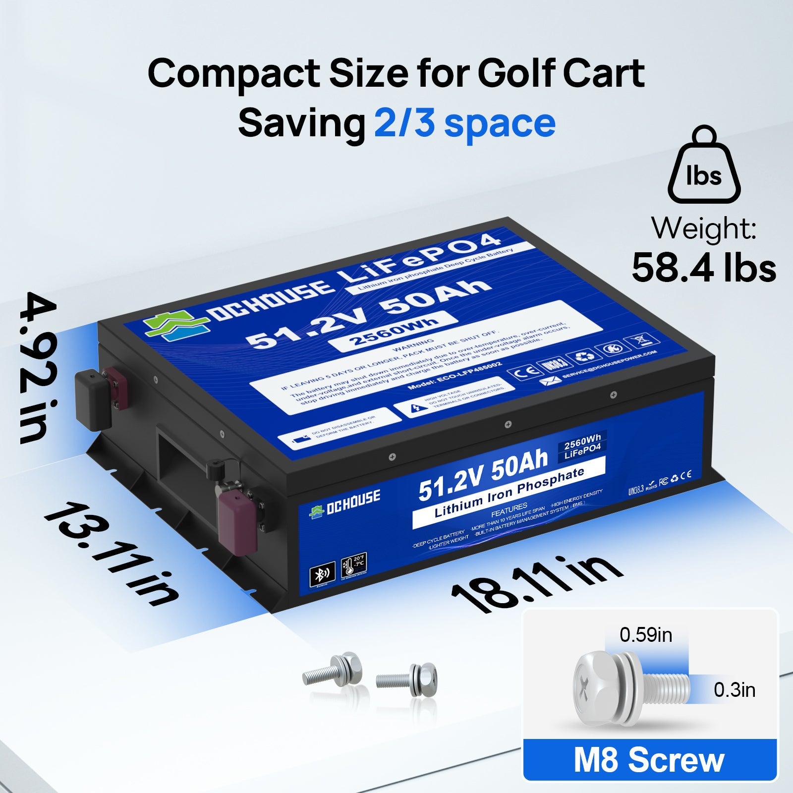 DC HOUSE Durable 48V 50Ah LiFePO4 Metal Case Battery with Charger - Bluetooth & Low Temp Protection for Golf Carts
