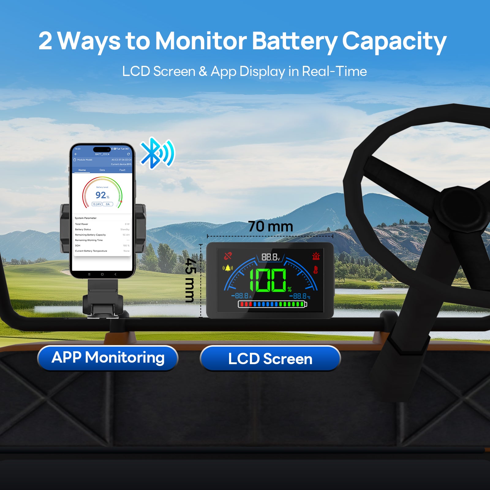DC HOUSE Smart 48V 100Ah LiFePO4 ABS Plastic Battery with Charger - Bluetooth & LCD Monitoring for Golf Carts