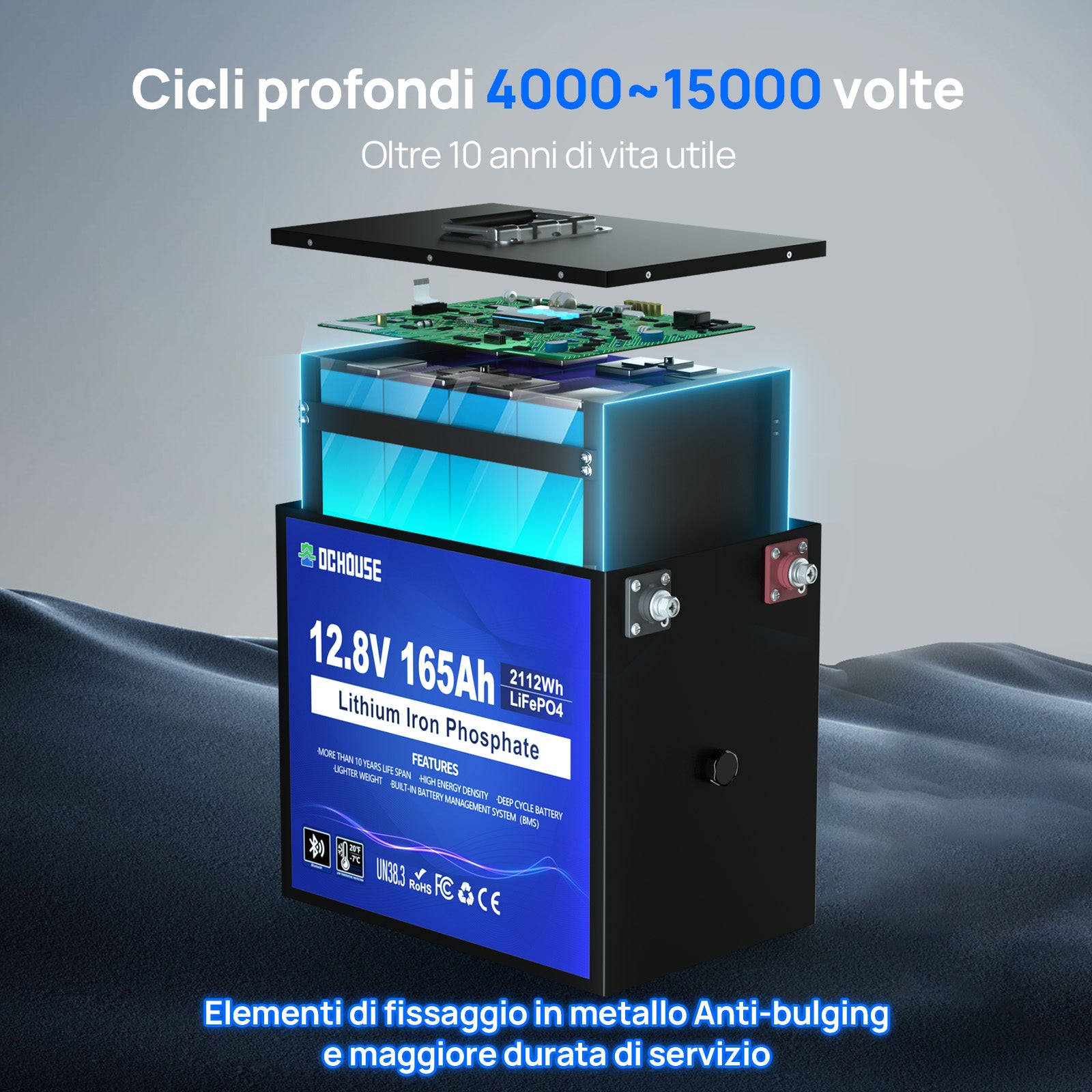 DC HOUSE Batteria LiFePO4 12V 165Ah Ciclo Profondo – Bluetooth & Protezione a Bassa Temperatura