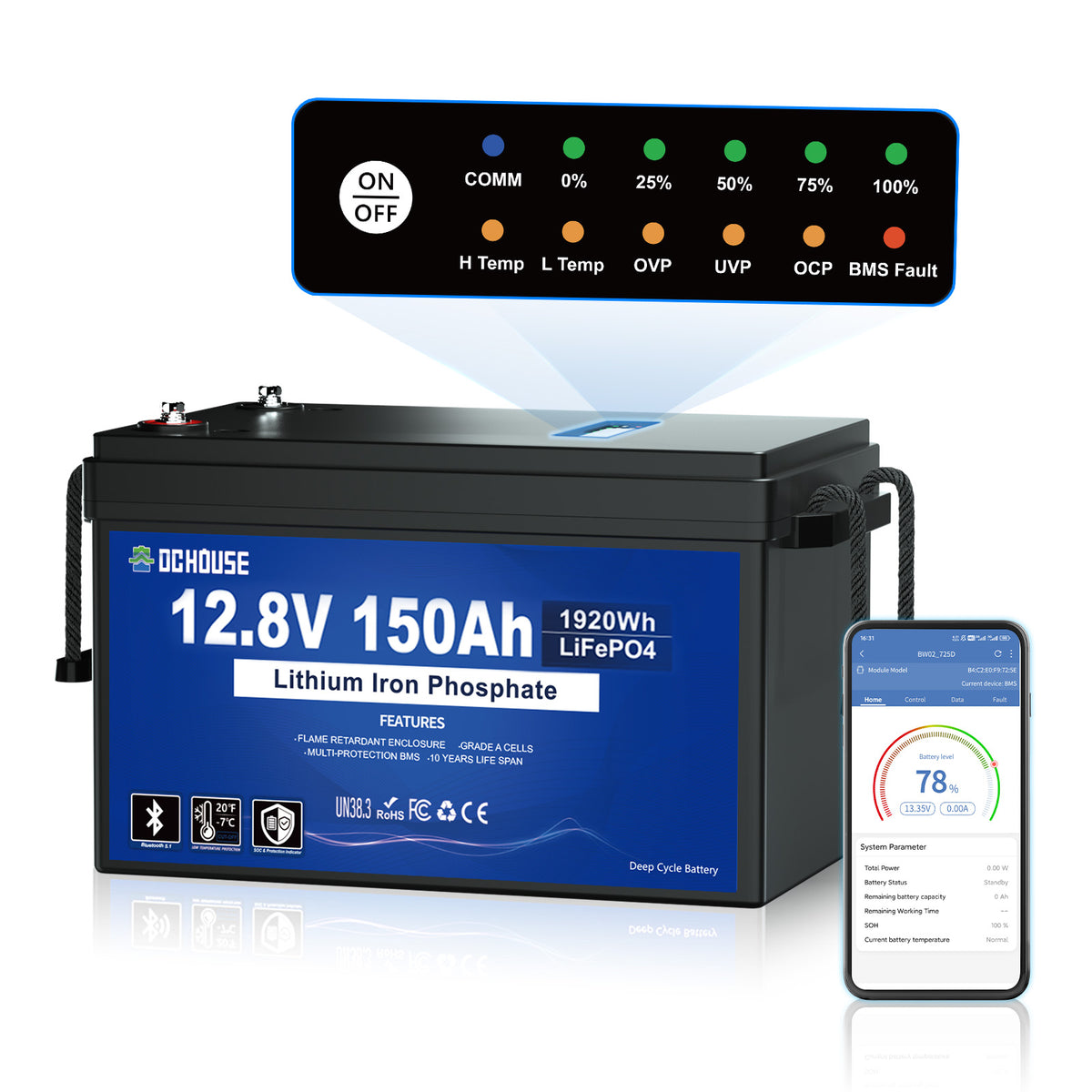DC HOUSE 12V 150Ah Batteria LiFePO4 con Bluetooth, Indicatori SOC e Protezione per Basse Temperature