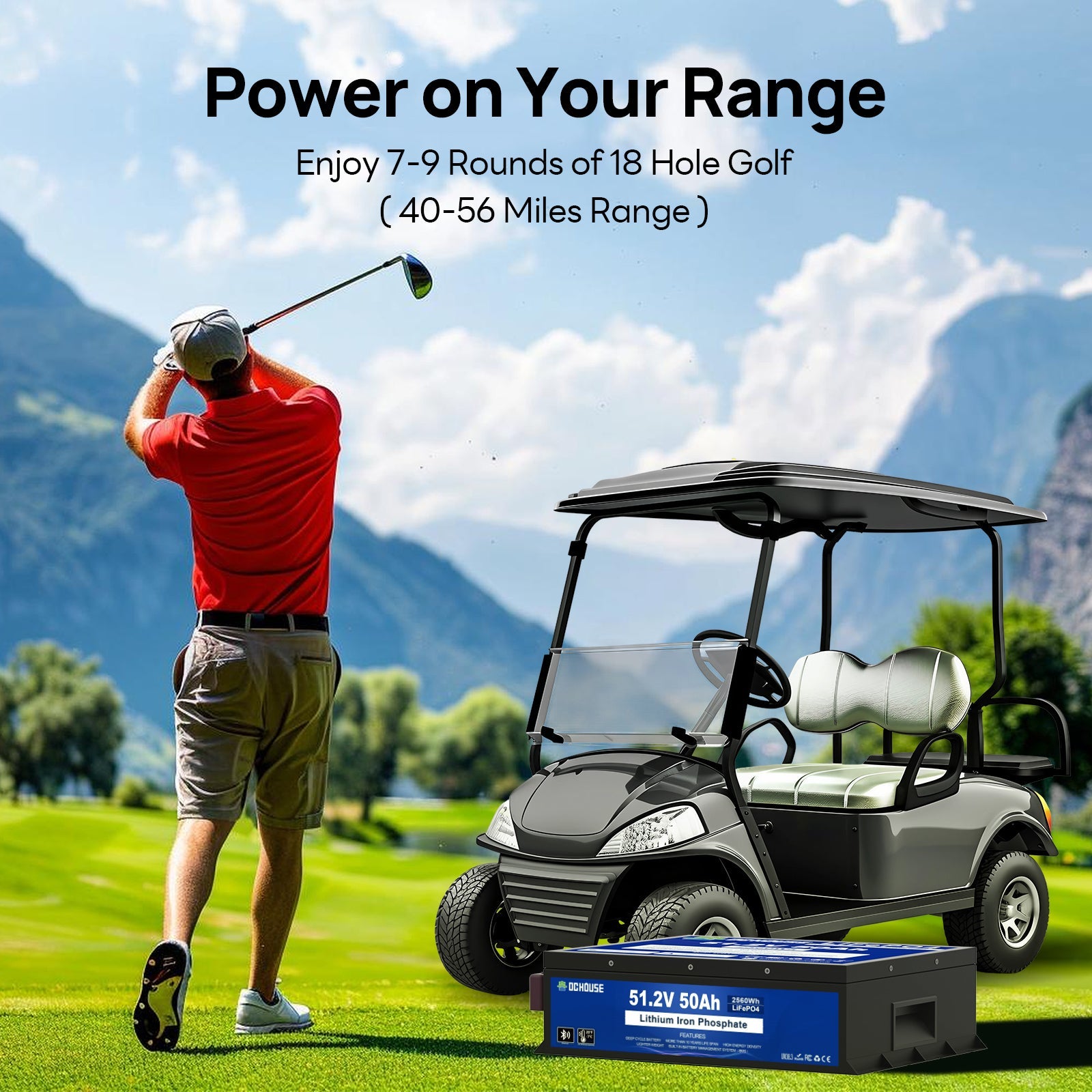 DC HOUSE Durable 48V 50Ah LiFePO4 Metal Case Battery with Charger - Bluetooth & Low Temp Protection for Golf Carts