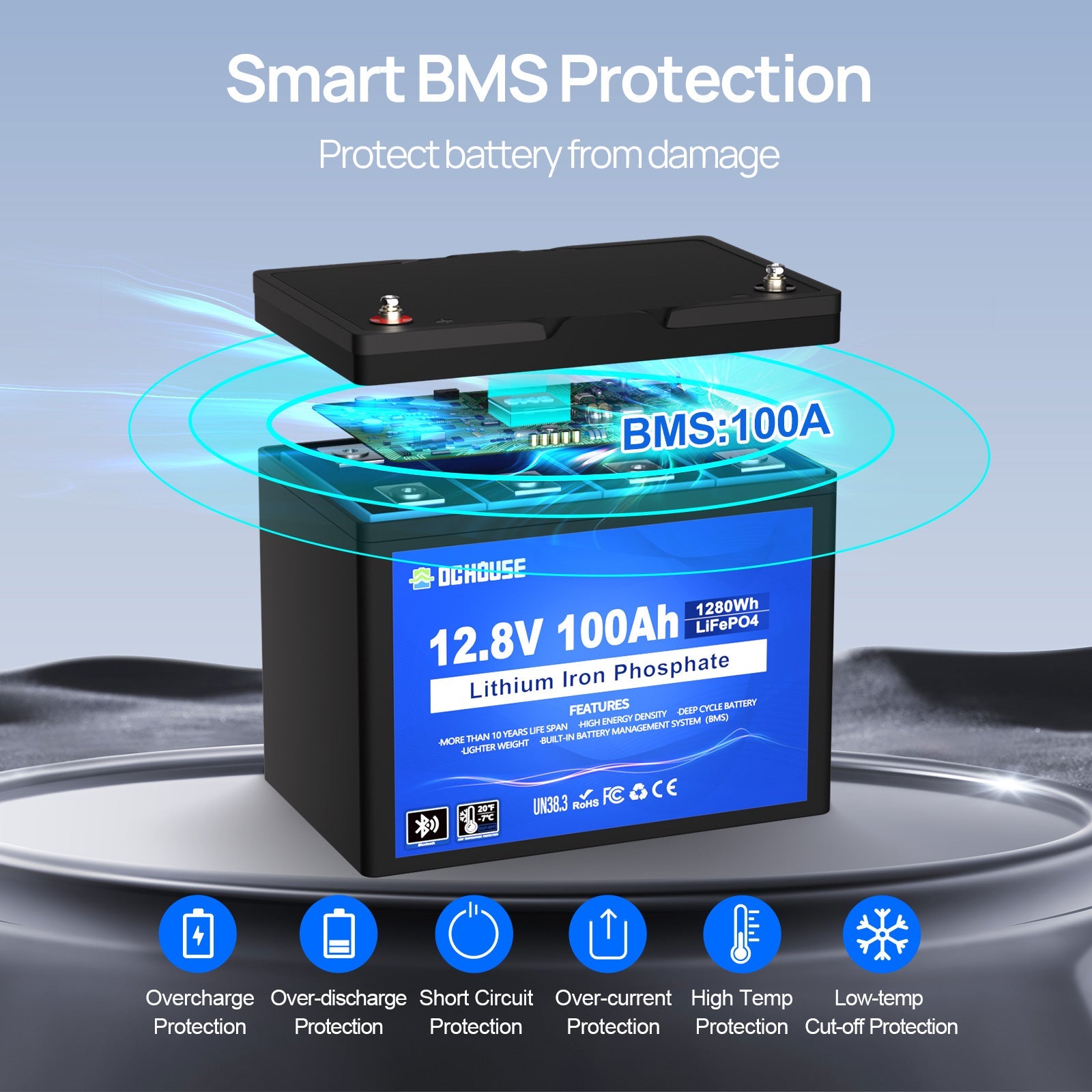 12V 100Ah Deep Cycle LiFePO4 Bluetooth & Low Temp Protection Battery