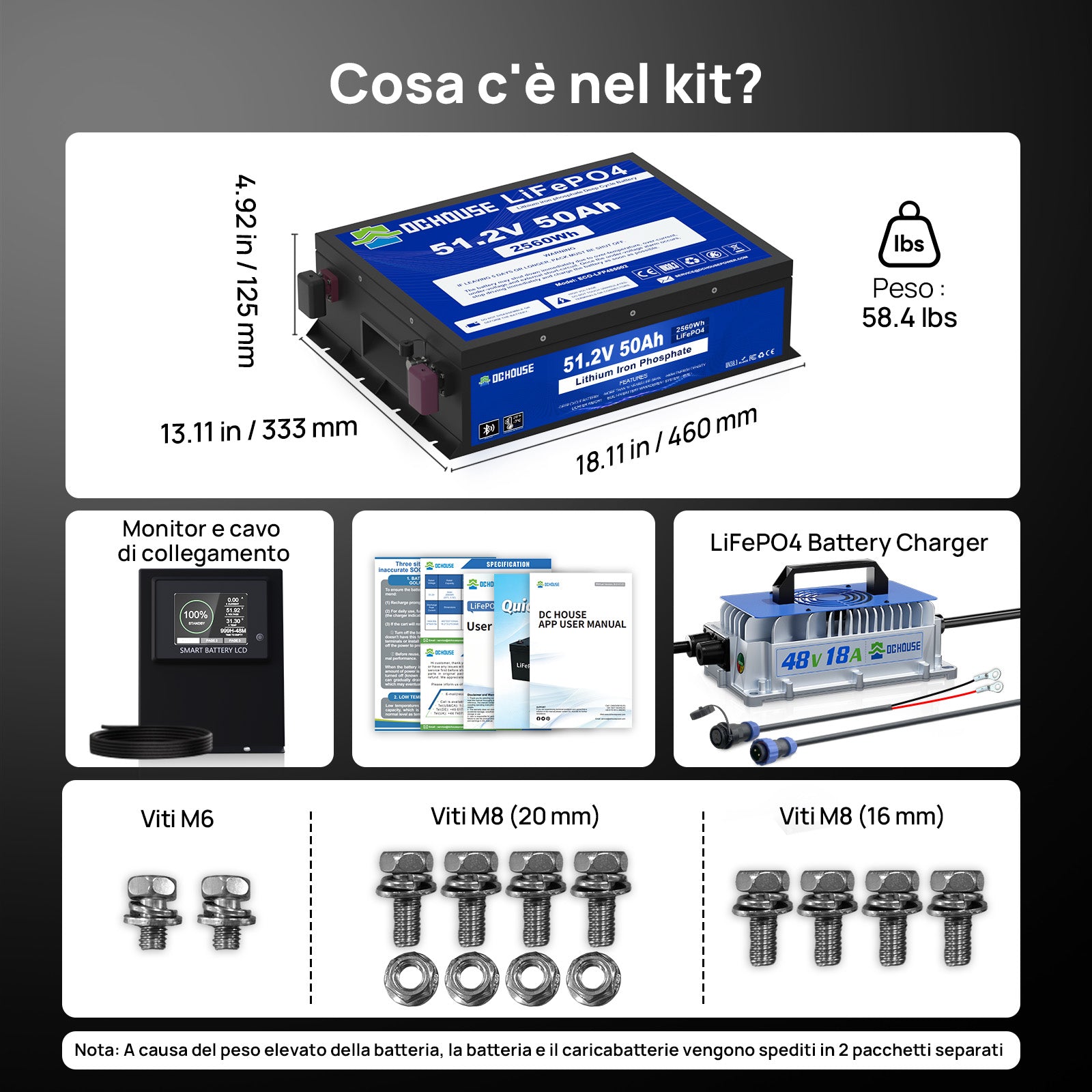 DC HOUSE 48V 50Ah Batteria LiFePO4 Durevole con Custodia in Metallo e Caricatore – Bluetooth e Protezione per Basse Temperature per Carrelli da Golf