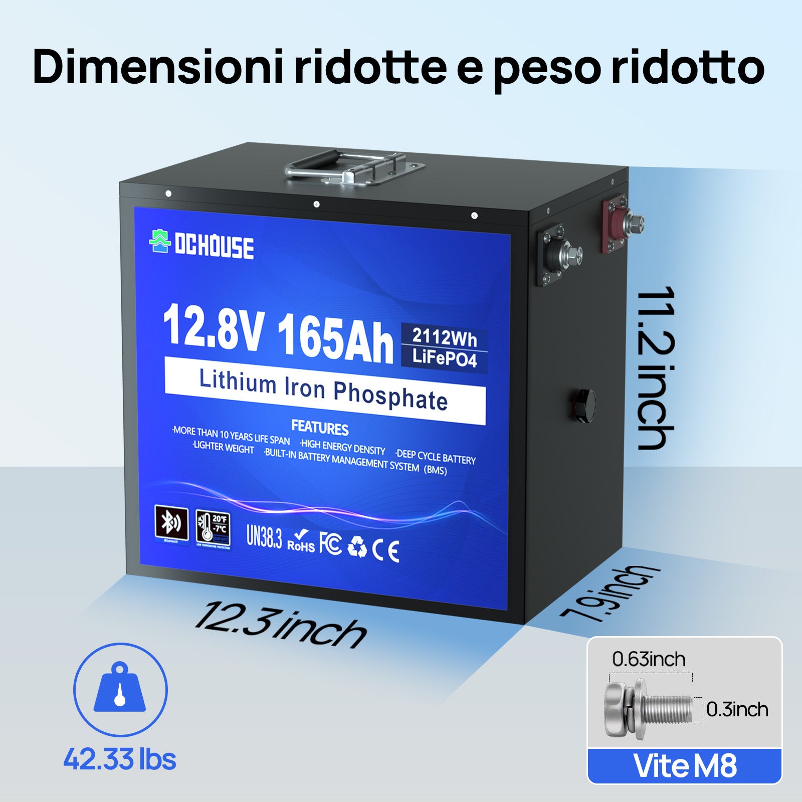 DC HOUSE Batteria LiFePO4 12V 165Ah Ciclo Profondo – Bluetooth & Protezione a Bassa Temperatura