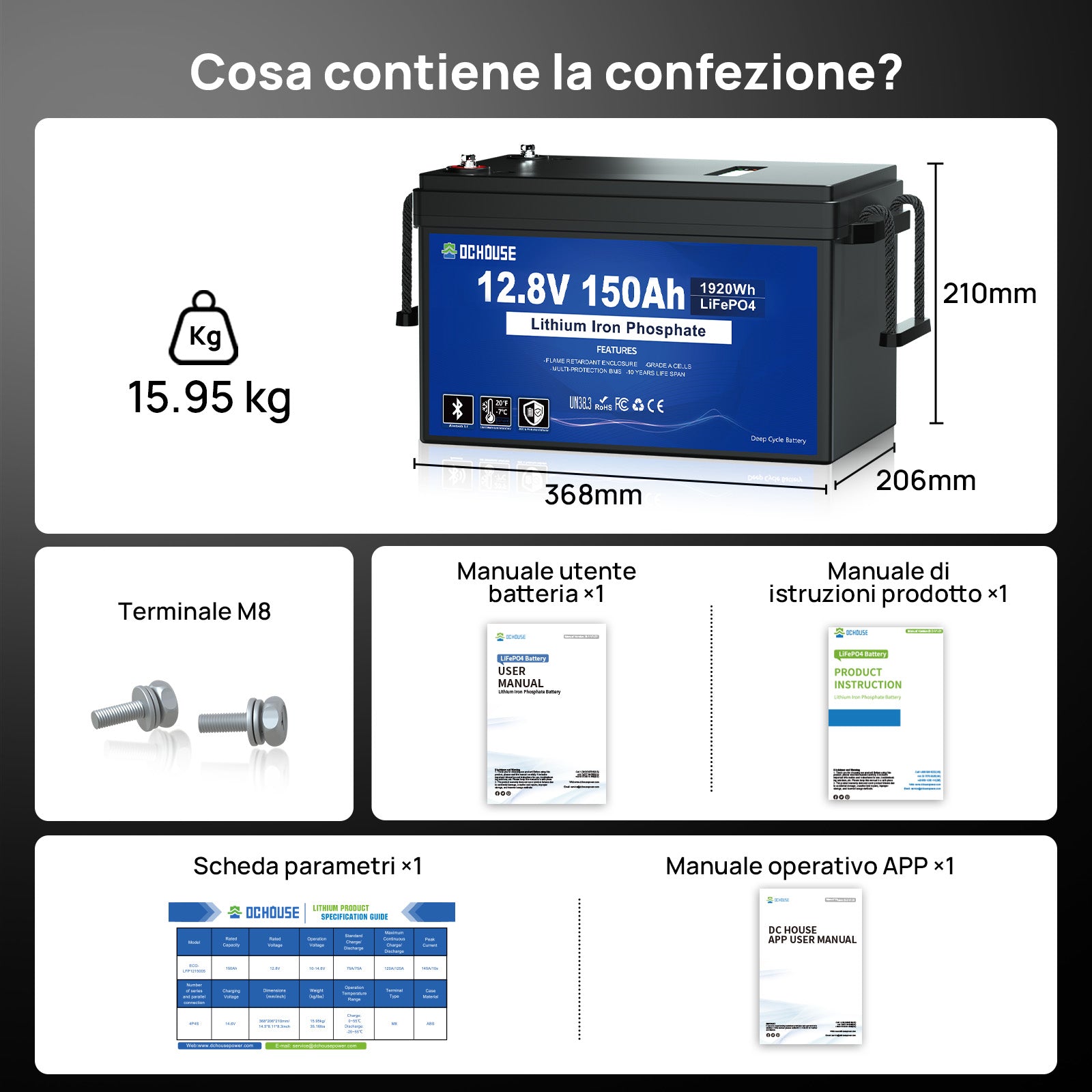 DC HOUSE 12V 150Ah Batteria LiFePO4 con Bluetooth, Indicatori SOC e Protezione per Basse Temperature