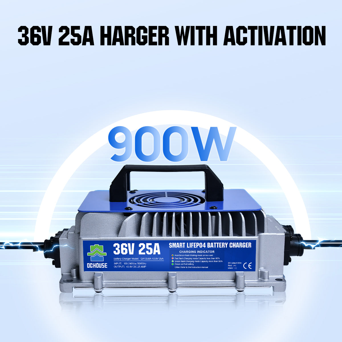 36V 25A lithium battery charger with lithium activation, IP65 rating, drop-proof, shock-proof, and explosion-proof features