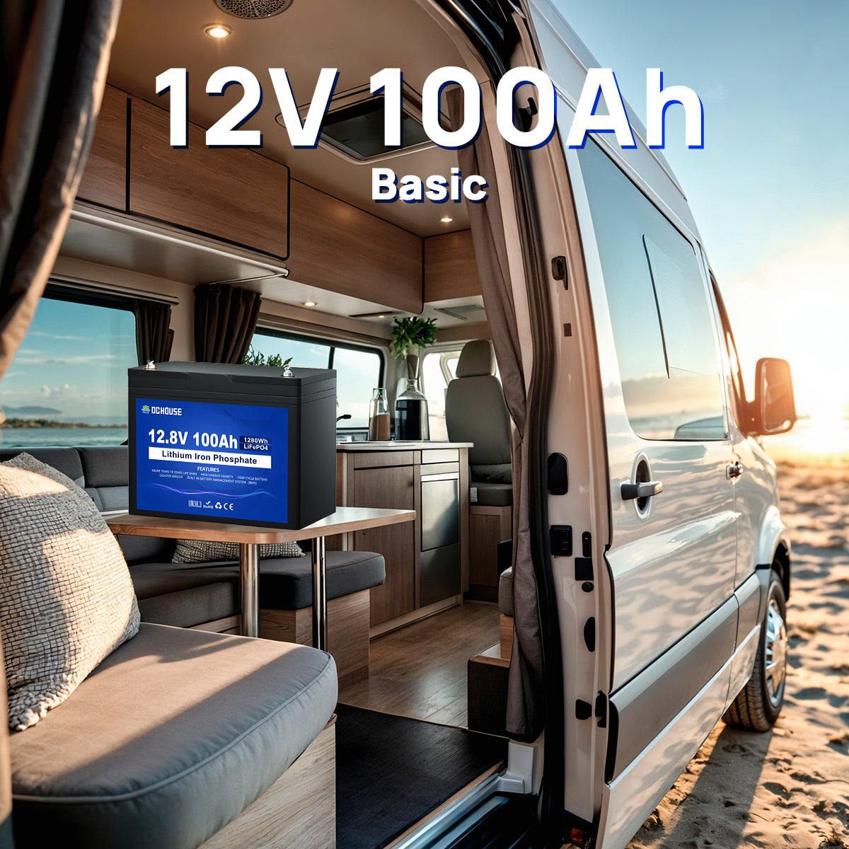 12V 100Ah LiFePO4 battery basic model, compact and lightweight design, ideal for RV, camping, and solar energy storage.