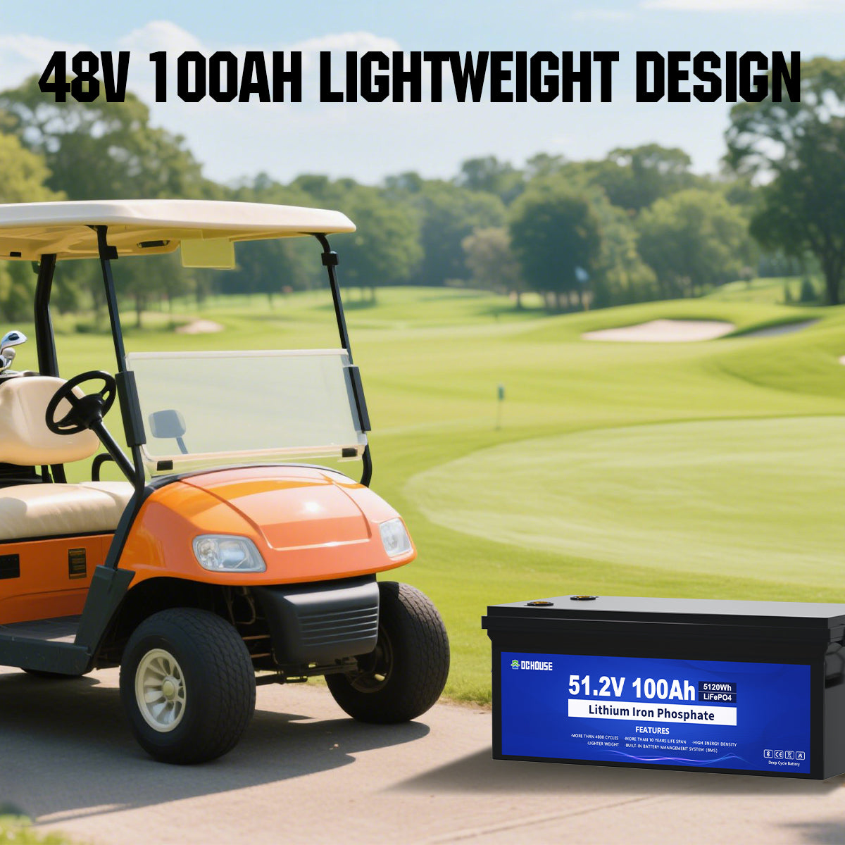 48V 100Ah LiFePO4 golf cart battery with 200A continuous current, Bluetooth, LCD monitor, Grade A cells, and 700A peak output