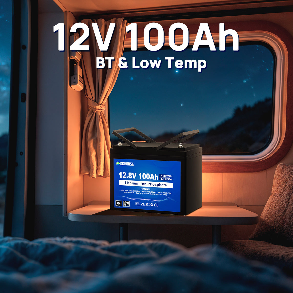 12V 100Ah LiFePO4 battery featuring low-temperature heating and Bluetooth app monitoring, ideal for cold weather RV and outdoor use.
