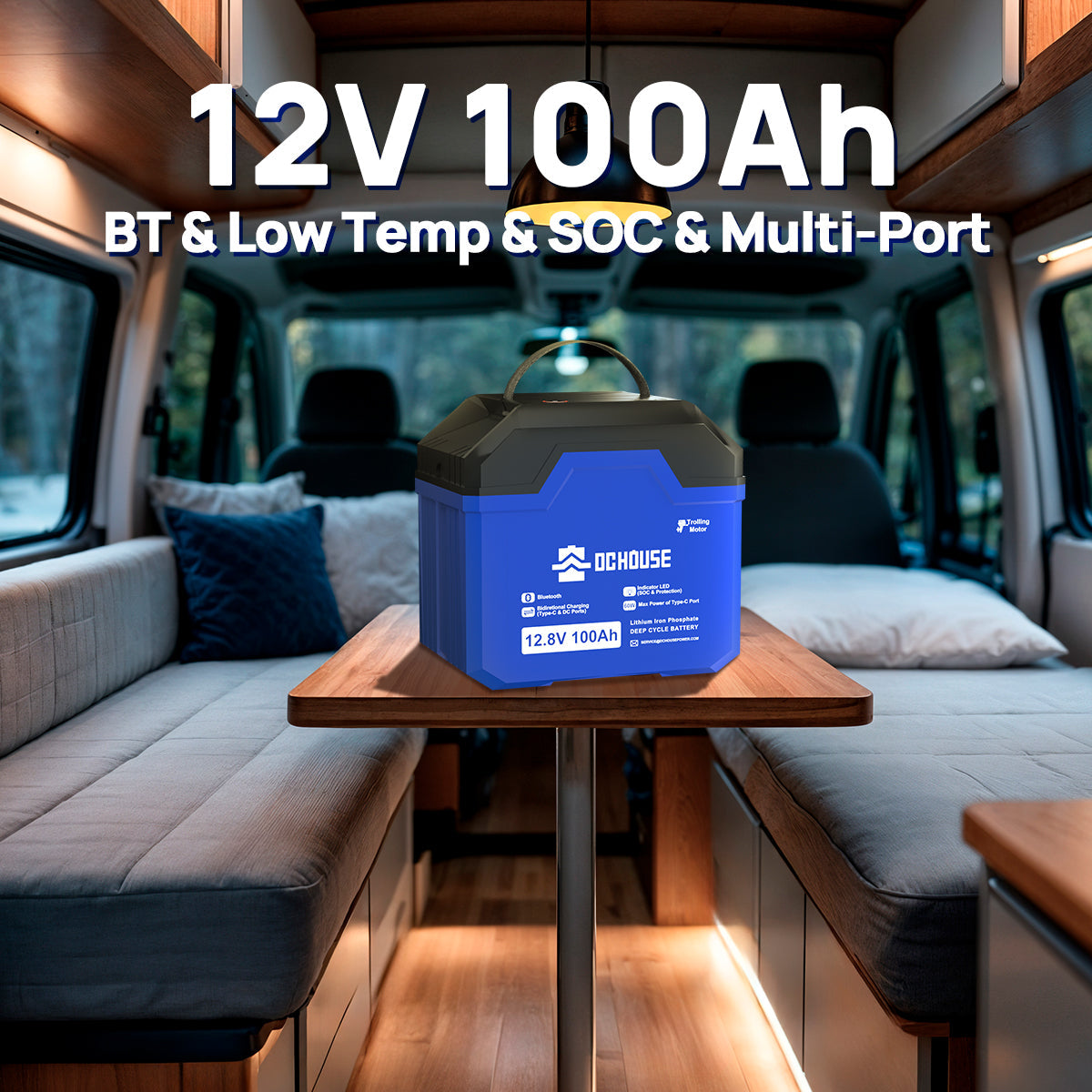 12V 100Ah LiFePO4 battery with low-temperature heating, Bluetooth monitoring, and multiple output interfaces, perfect for versatile RV and outdoor applications.