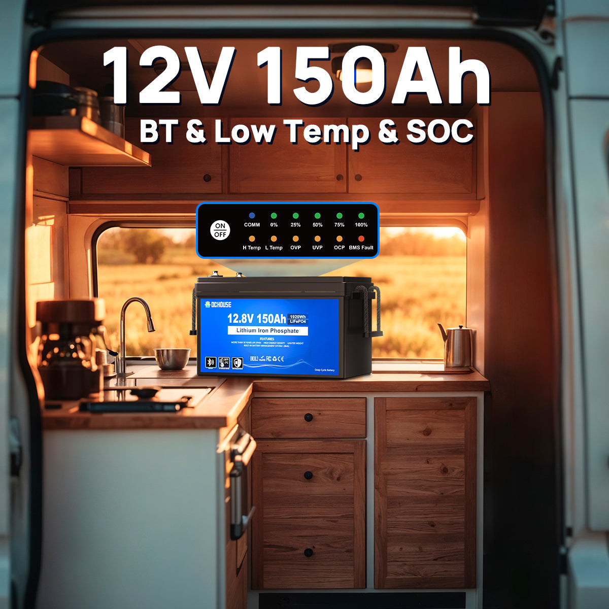 12V 150Ah LiFePO4 battery featuring low-temperature heating, Bluetooth app monitoring, and SOC (State of Charge) indicator panel for accurate battery status display.