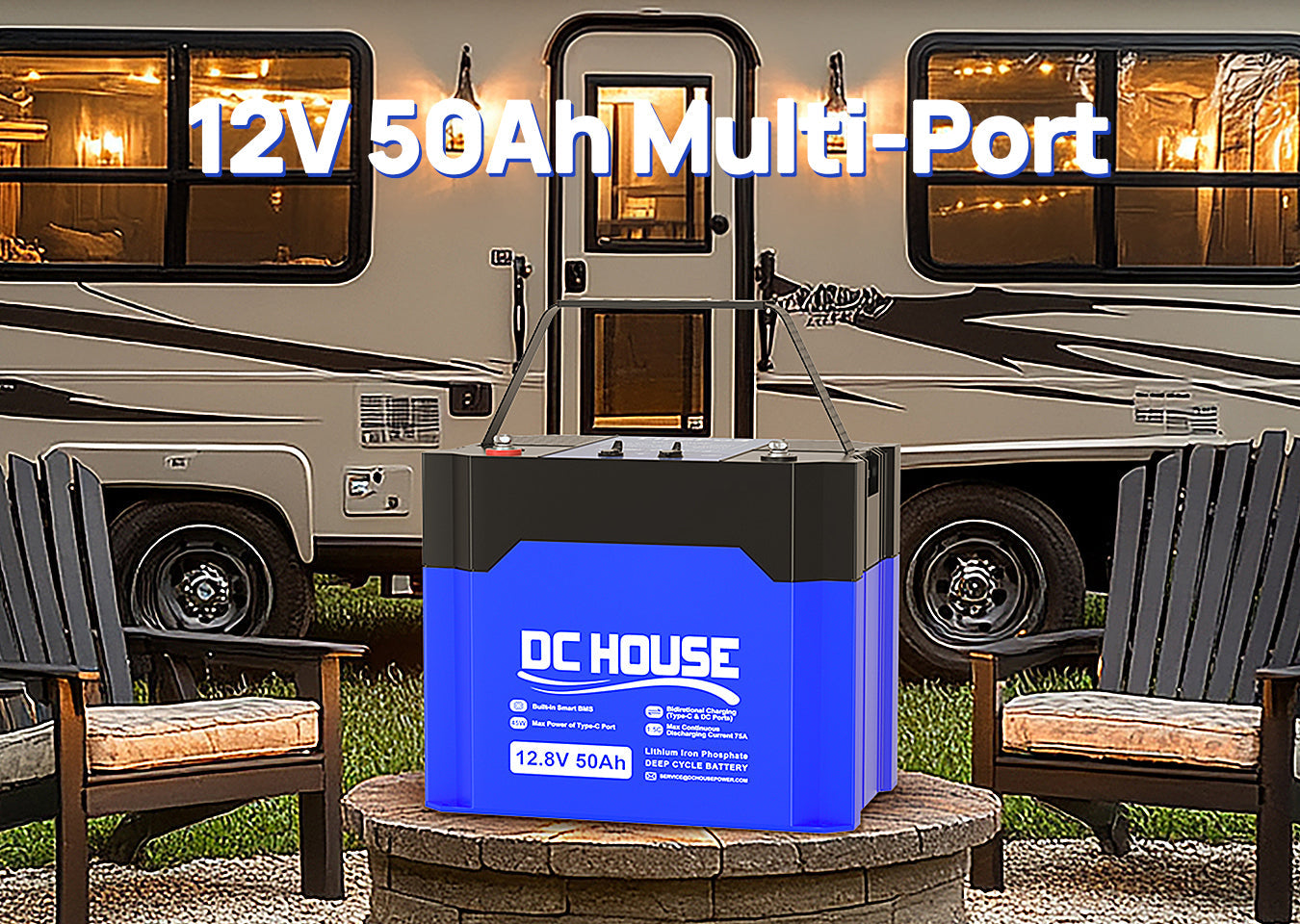 12V 50Ah LiFePO4 battery, compact size and lightweight design, perfect for small RVs, camping, and portable solar setups.