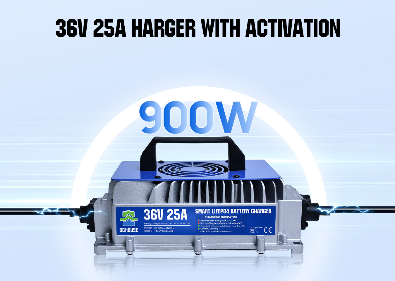 36V 25A lithium battery charger with lithium activation, IP65 rating, drop-proof, shock-proof, and explosion-proof features