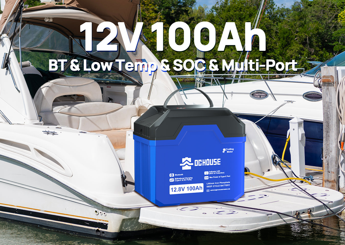 Advanced 12V 100AH LiFePO4 battery with low temp cut-off, Bluetooth monitoring, SOC indicator, and multiple output ports for trolling motor setups